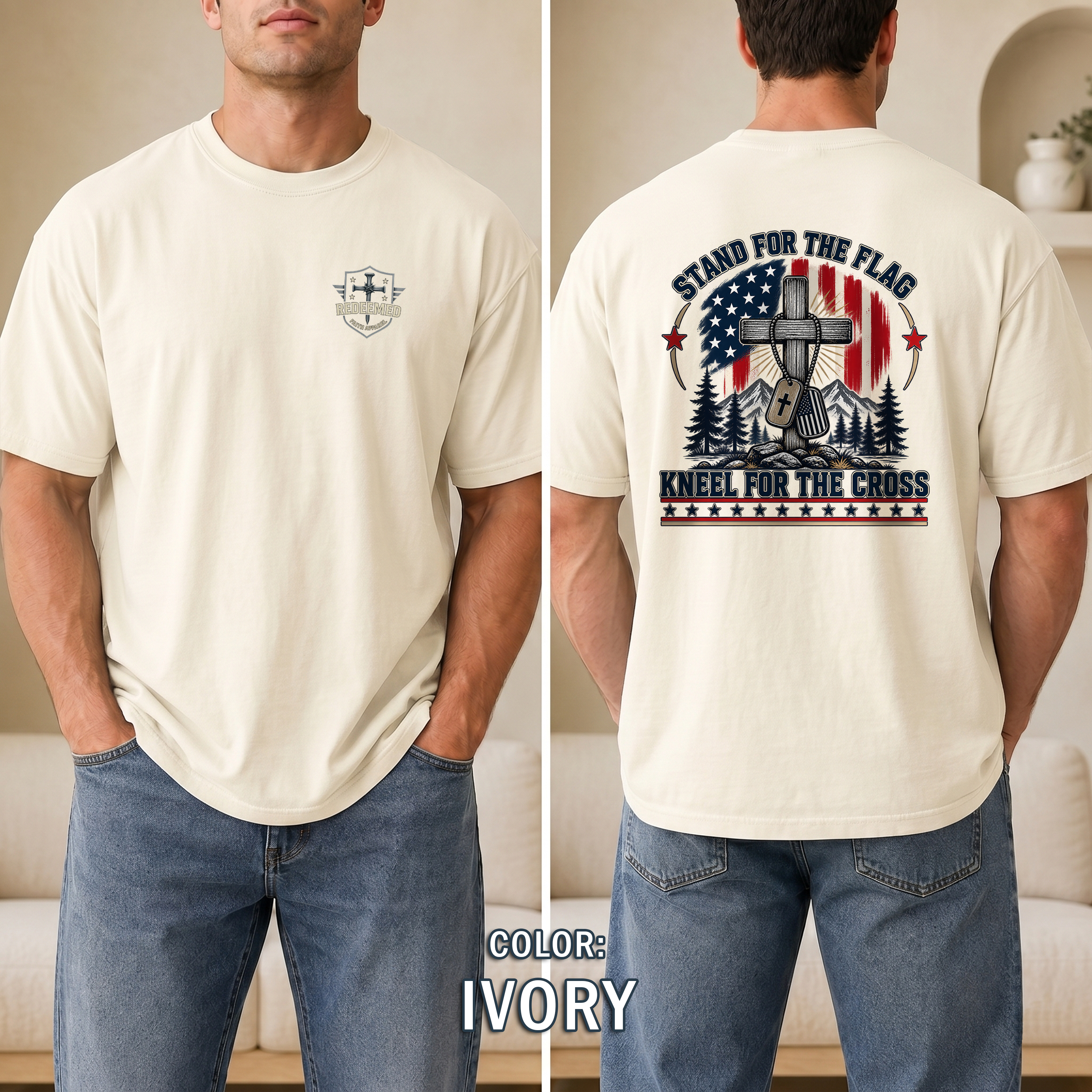 Stand for the Flag Kneel for the Cross Christian Patriotic T-Shirt, American Flag Cross Shirt, Christian Patriot Tee, Redeemed Faith Apparel