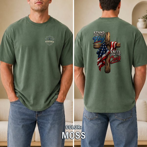 Stand for the Flag Kneel for the Cross T-Shirt, Christian Patriotic T-Shirt, American Flag & Cross Shirt, Redeemed Faith Apparel