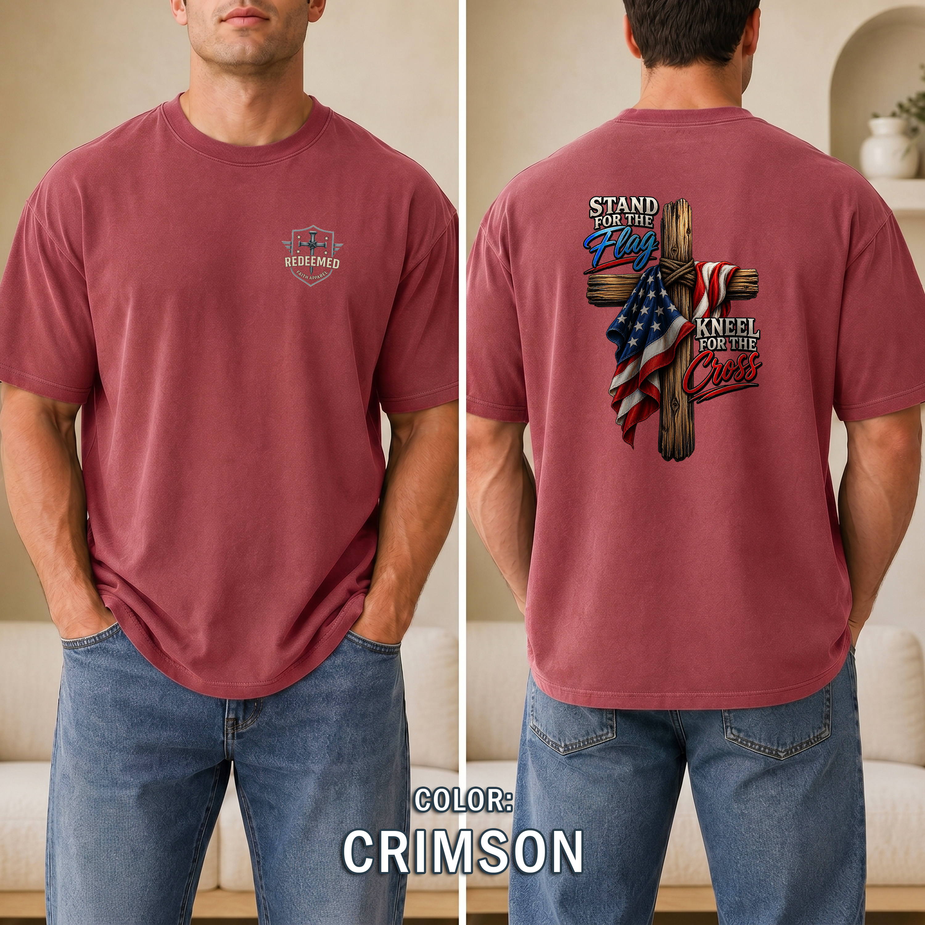 Stand for the Flag Kneel for the Cross T-Shirt, Christian Patriotic T-Shirt, American Flag & Cross Shirt, Redeemed Faith Apparel