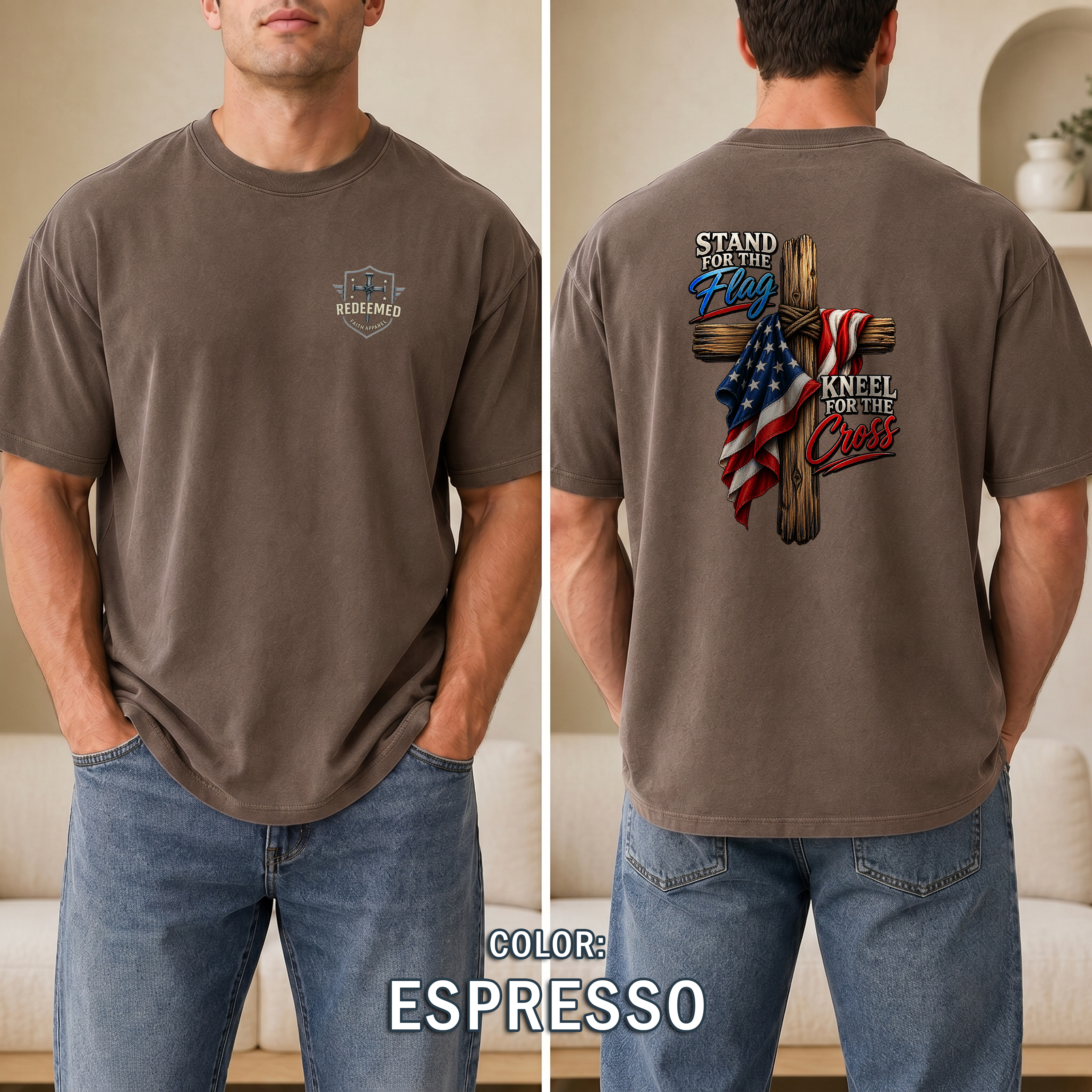 Stand for the Flag Kneel for the Cross T-Shirt, Christian Patriotic T-Shirt, American Flag & Cross Shirt, Redeemed Faith Apparel