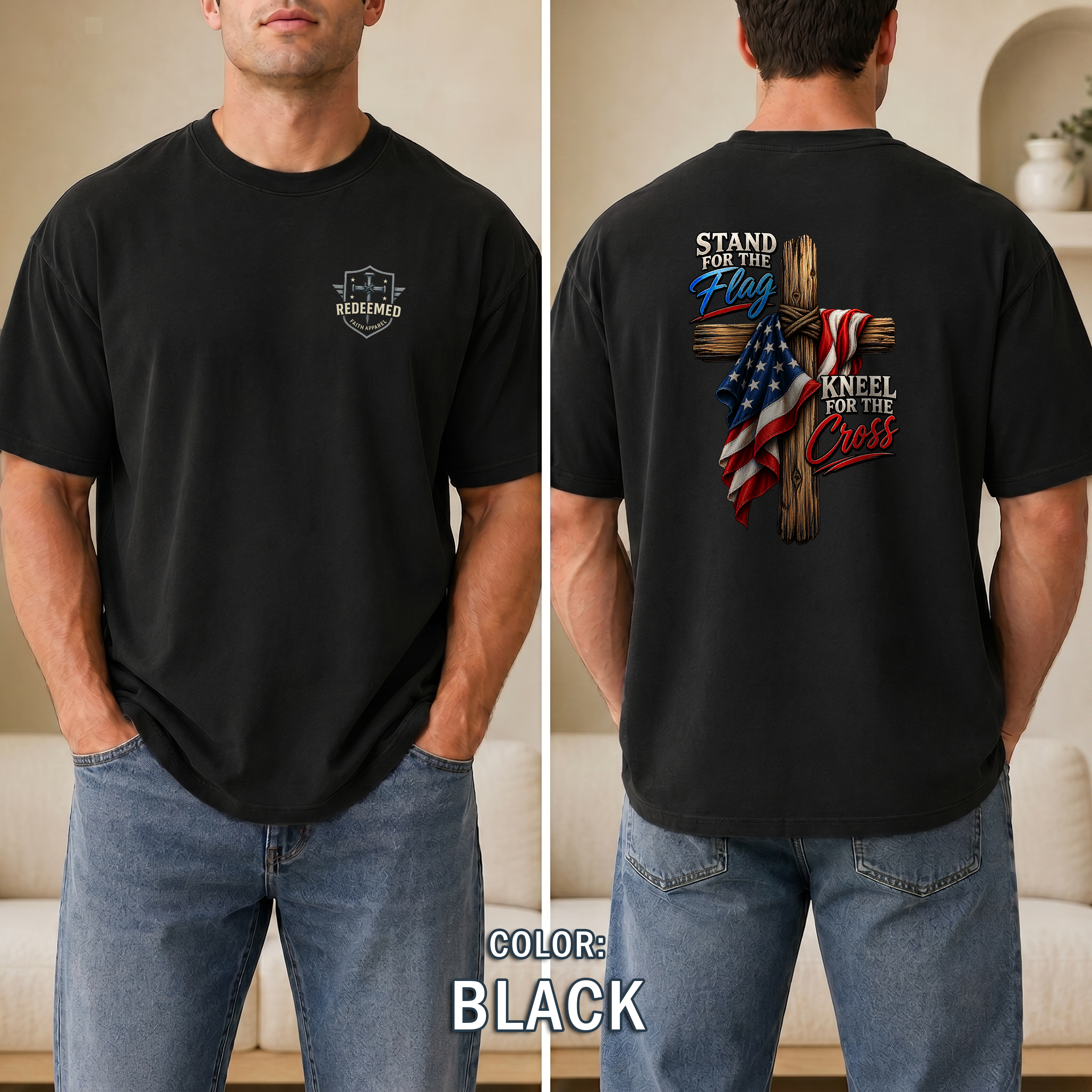 Stand for the Flag Kneel for the Cross T-Shirt, Christian Patriotic T-Shirt, American Flag & Cross Shirt, Redeemed Faith Apparel