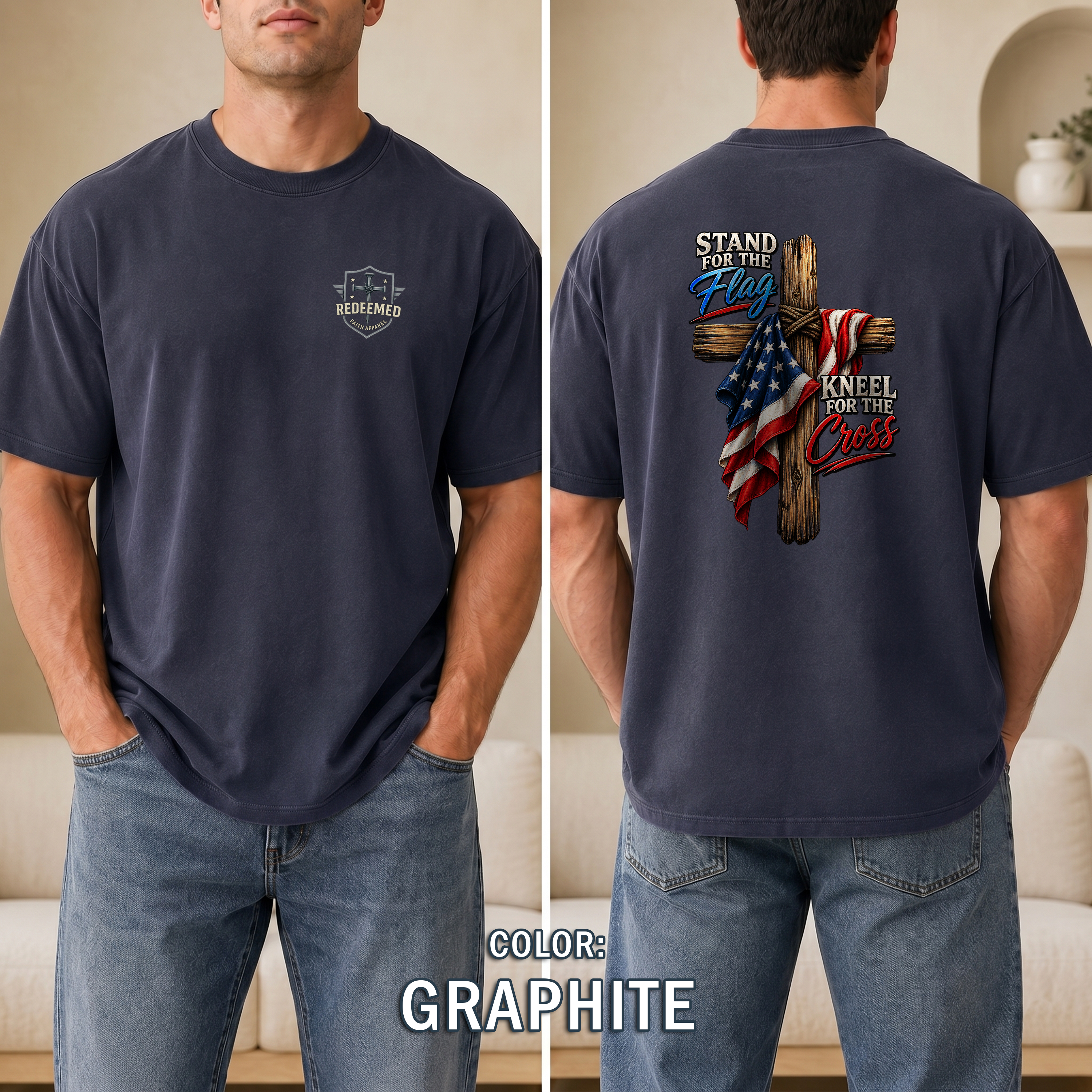 Stand for the Flag Kneel for the Cross T-Shirt, Christian Patriotic T-Shirt, American Flag & Cross Shirt, Redeemed Faith Apparel