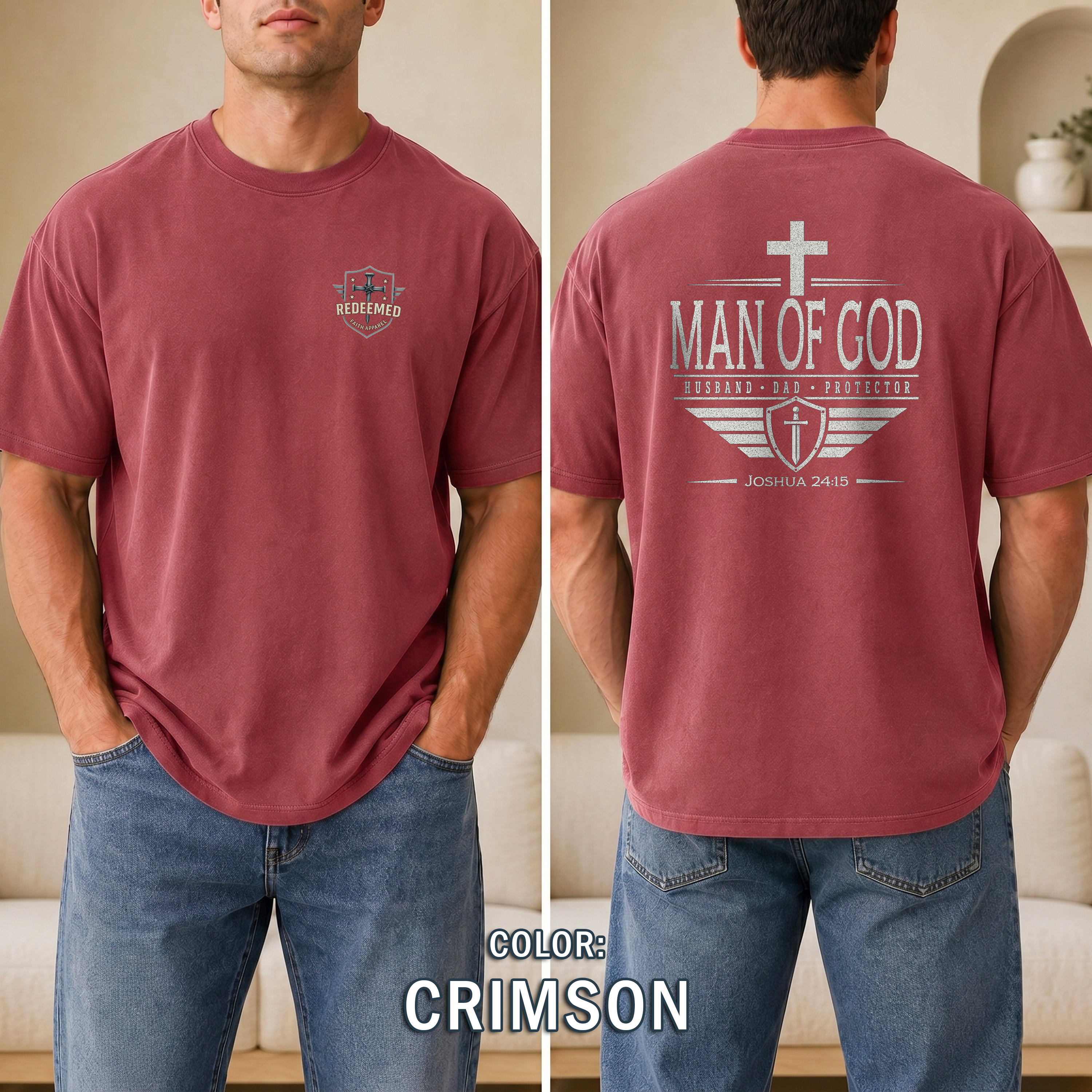 Man of God Christian T-Shirt, Husband Dad Protector Shirt, Joshua 24:15 Tee, Faith Shirt for Men, Redeemed Faith Apparel, Man of Faith Shirt