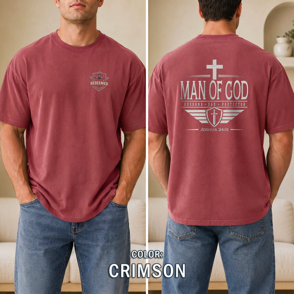 Man of God Christian T-Shirt, Husband Dad Protector Shirt, Joshua 24:15 Tee, Faith Shirt for Men, Redeemed Faith Apparel, Man of Faith Shirt