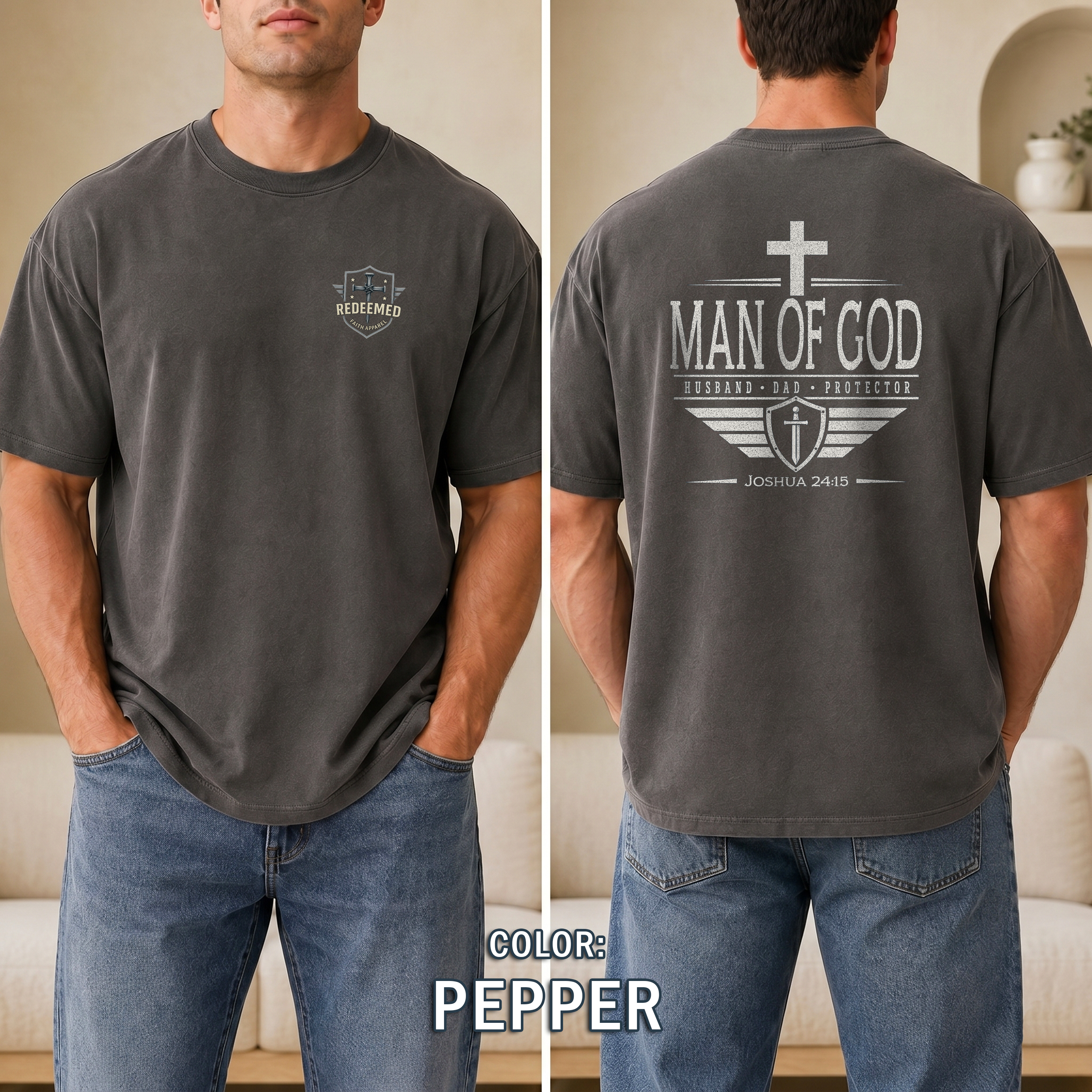 Man of God Christian T-Shirt, Husband Dad Protector Shirt, Joshua 24:15 Tee, Faith Shirt for Men, Redeemed Faith Apparel, Man of Faith Shirt