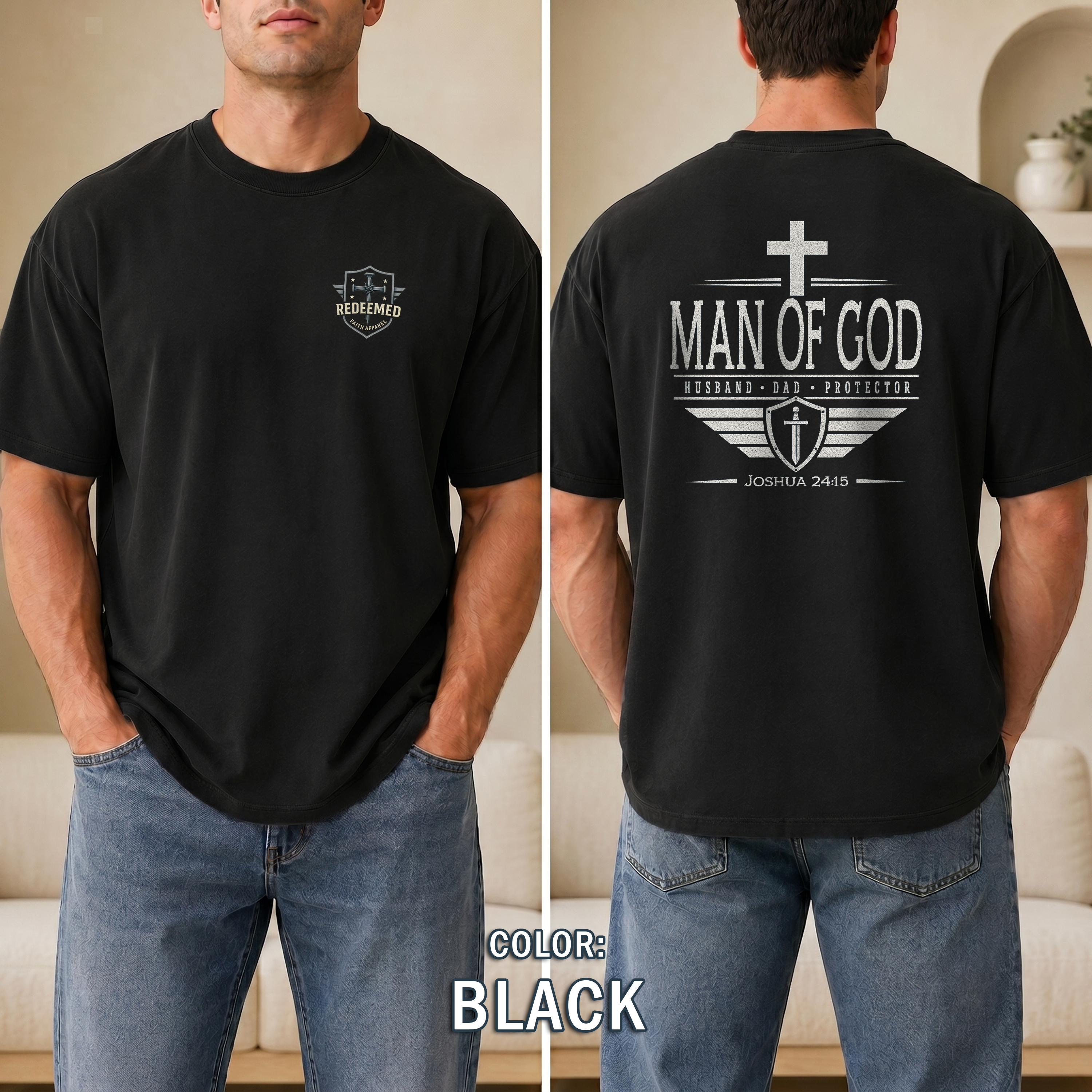 Man of God Christian T-Shirt, Husband Dad Protector Shirt, Joshua 24:15 Tee, Faith Shirt for Men, Redeemed Faith Apparel, Man of Faith Shirt
