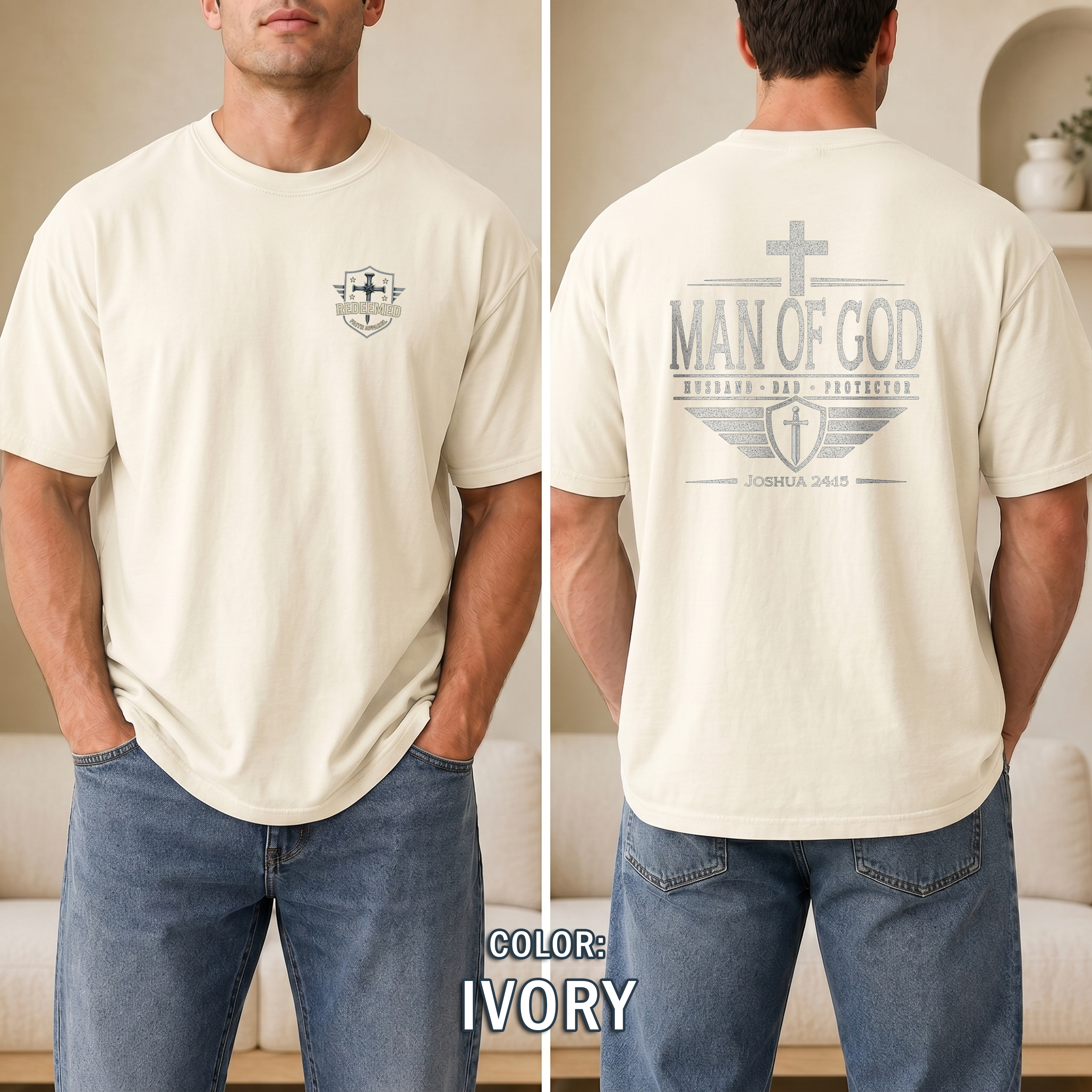 Man of God Christian T-Shirt, Husband Dad Protector Shirt, Joshua 24:15 Tee, Faith Shirt for Men, Redeemed Faith Apparel, Man of Faith Shirt
