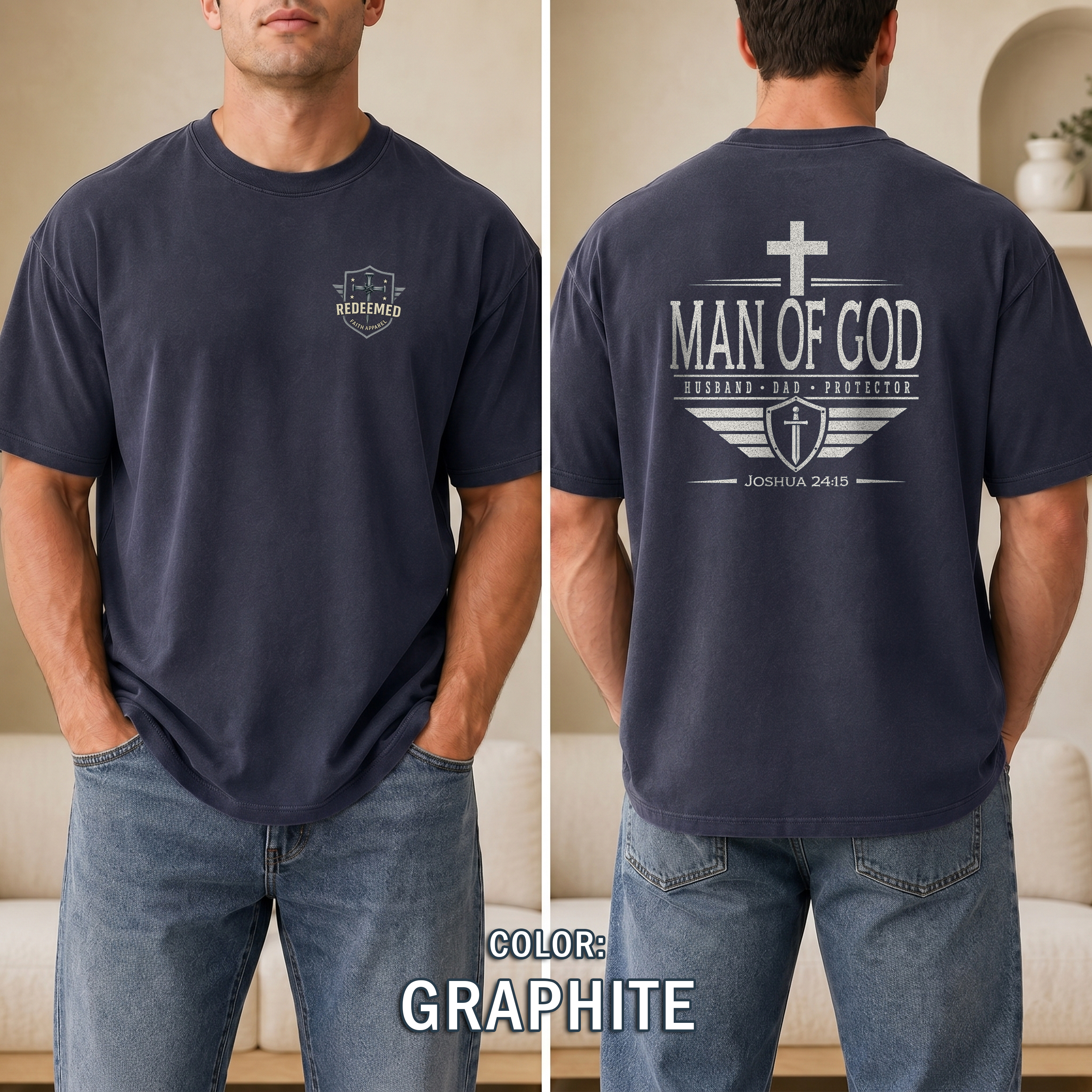 Man of God Christian T-Shirt, Husband Dad Protector Shirt, Joshua 24:15 Tee, Faith Shirt for Men, Redeemed Faith Apparel, Man of Faith Shirt