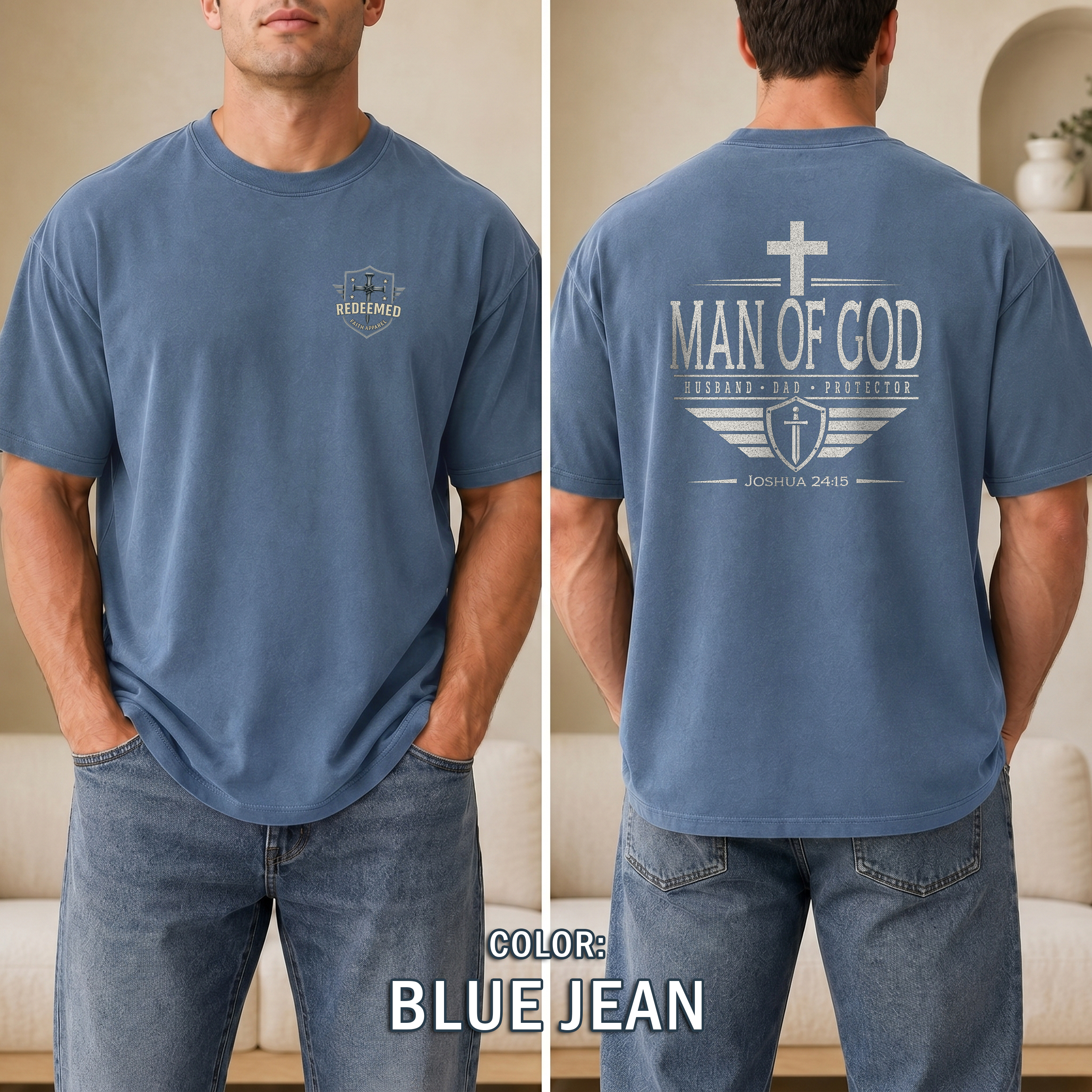 Man of God Christian T-Shirt, Husband Dad Protector Shirt, Joshua 24:15 Tee, Faith Shirt for Men, Redeemed Faith Apparel, Man of Faith Shirt