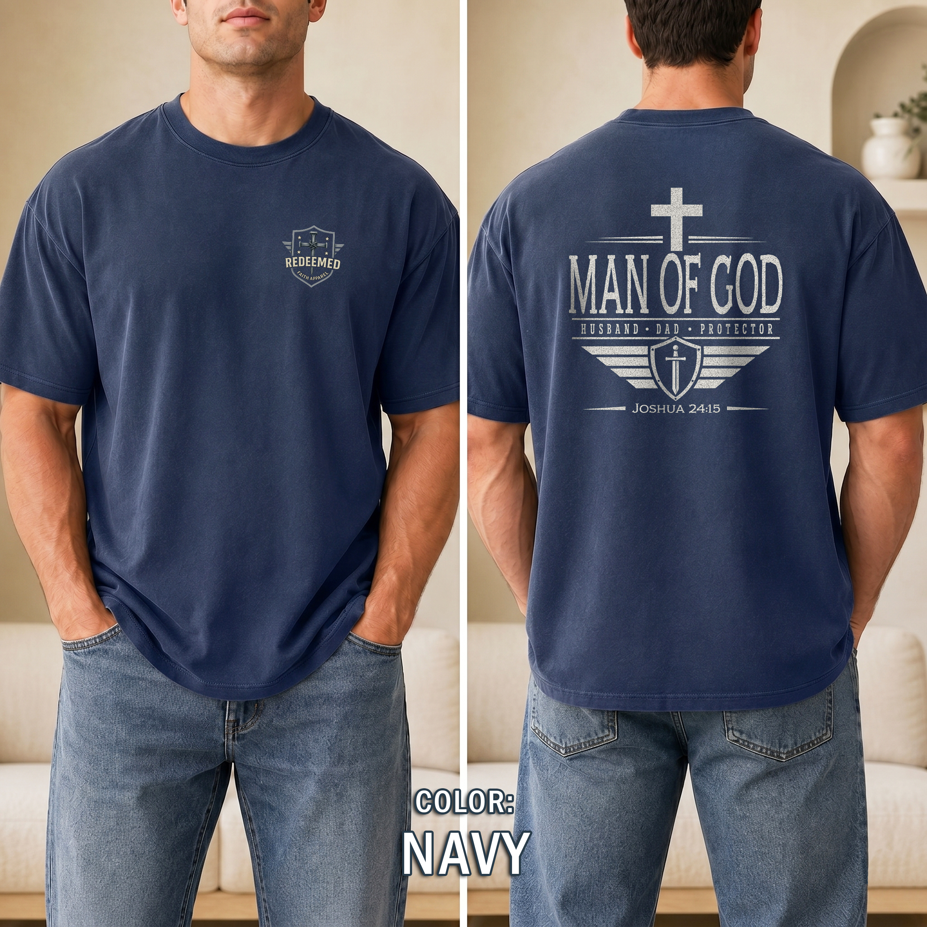 Man of God Christian T-Shirt, Husband Dad Protector Shirt, Joshua 24:15 Tee, Faith Shirt for Men, Redeemed Faith Apparel, Man of Faith Shirt