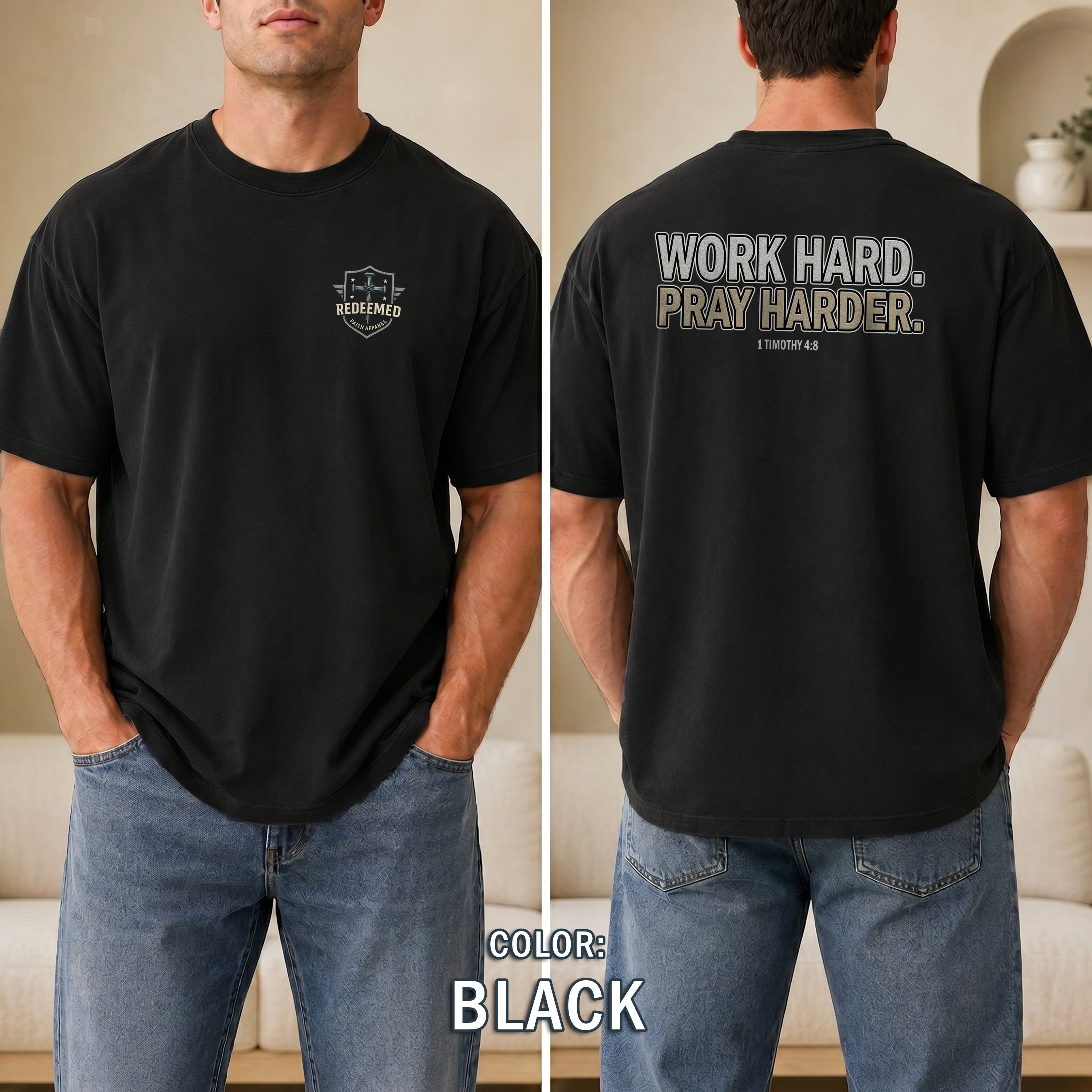 Work Hard Pray Harder Christian T-Shirt, 1 Timothy 4:8 Bible Verse Shirt, Christian Gym Workout Faith Tee, Redeemed Faith Apparel
