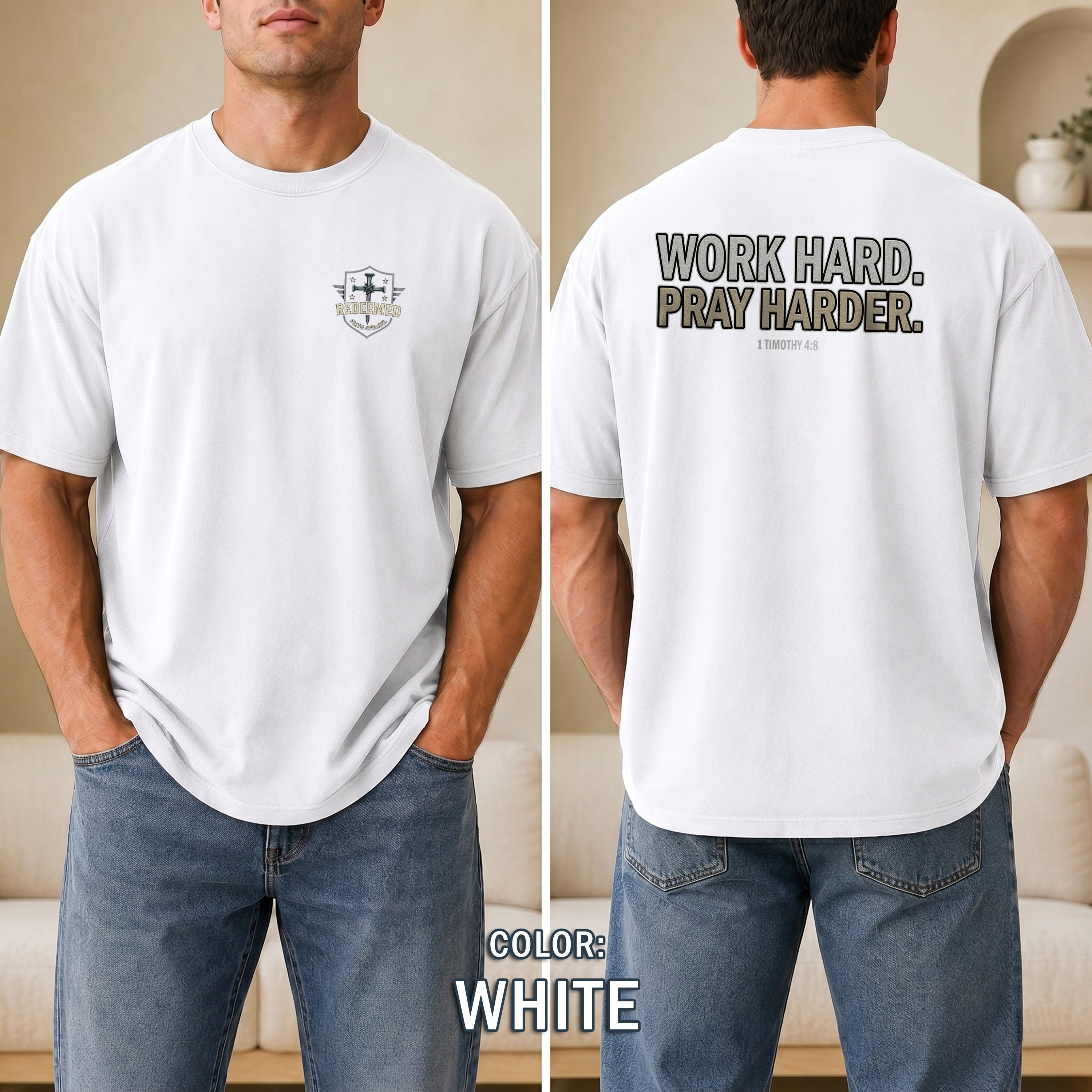 Work Hard Pray Harder Christian T-Shirt, 1 Timothy 4:8 Bible Verse Shirt, Christian Gym Workout Faith Tee, Redeemed Faith Apparel