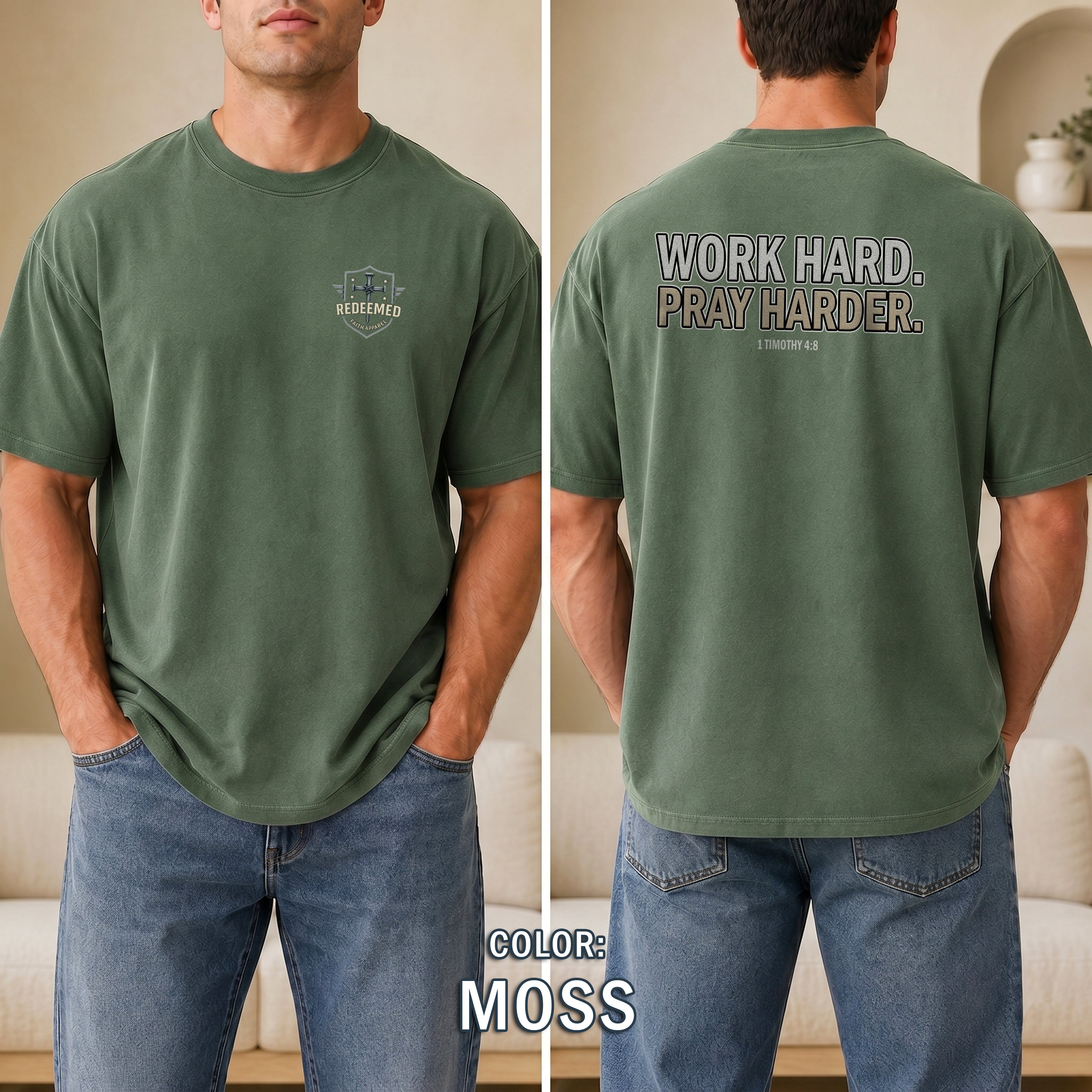 Work Hard Pray Harder Christian T-Shirt, 1 Timothy 4:8 Bible Verse Shirt, Christian Gym Workout Faith Tee, Redeemed Faith Apparel