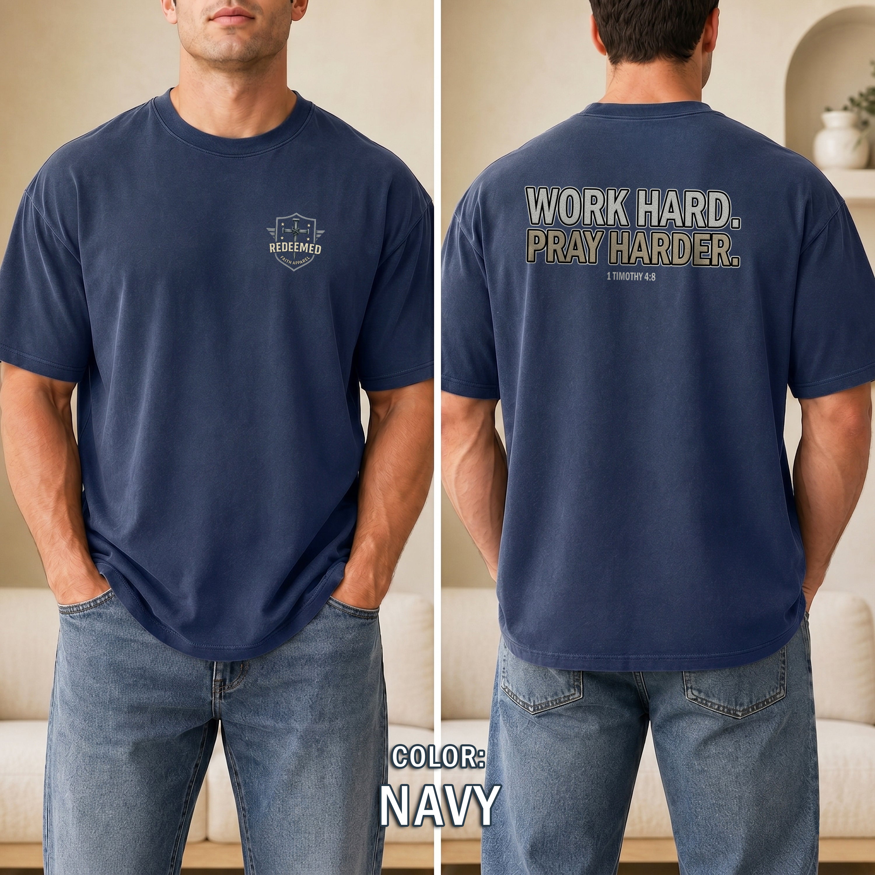 Work Hard Pray Harder Christian T-Shirt, 1 Timothy 4:8 Bible Verse Shirt, Christian Gym Workout Faith Tee, Redeemed Faith Apparel