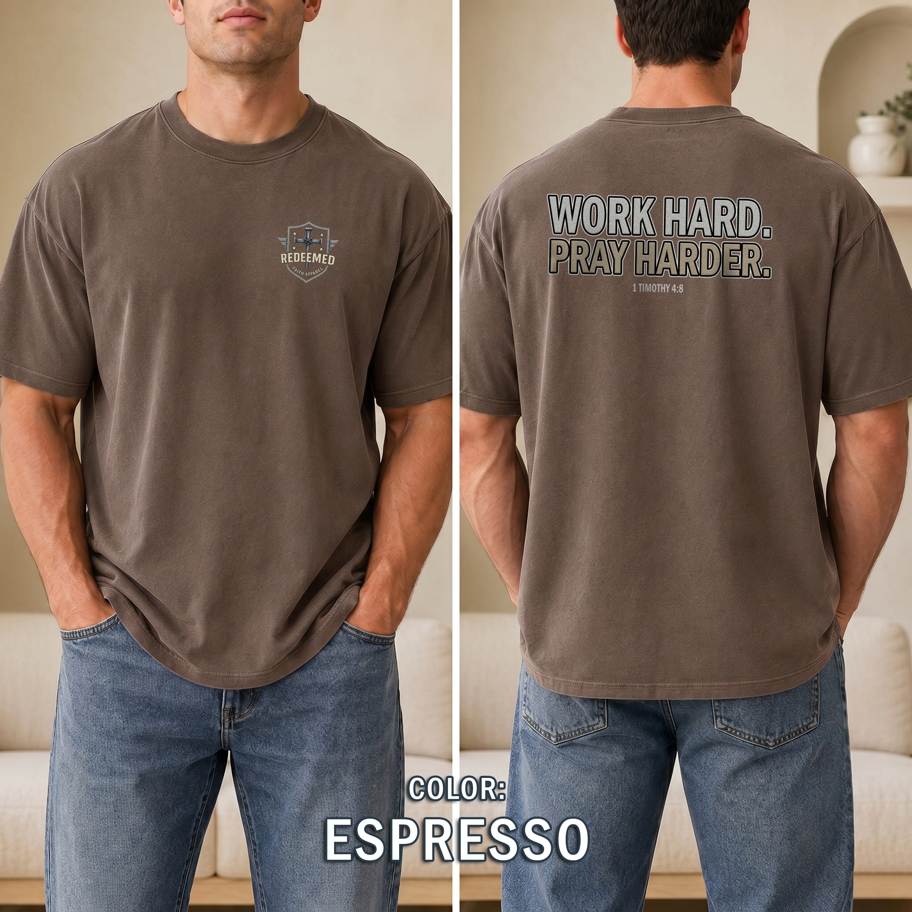 Work Hard Pray Harder Christian T-Shirt, 1 Timothy 4:8 Bible Verse Shirt, Christian Gym Workout Faith Tee, Redeemed Faith Apparel