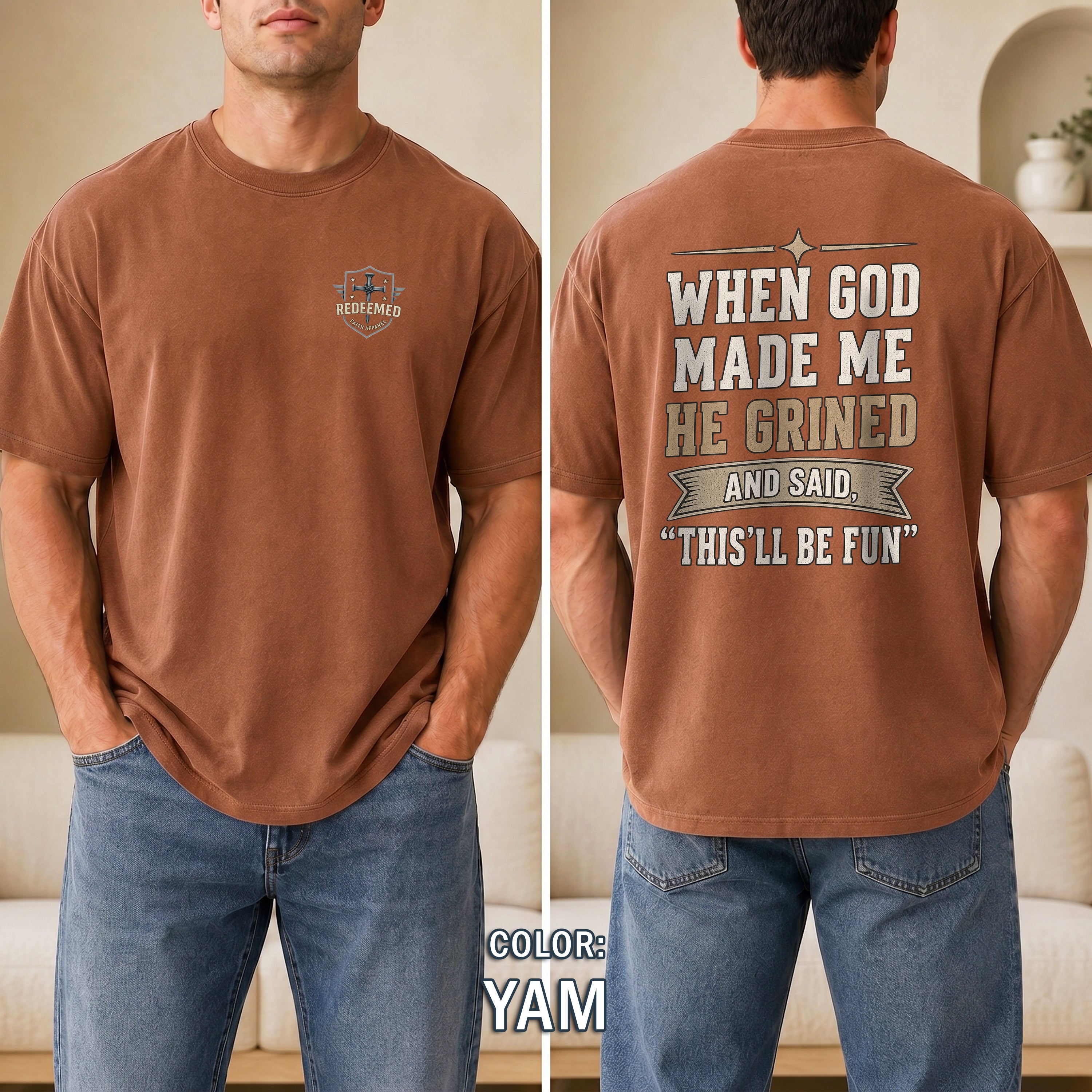 When God Made Me He Grinned Shirt, Funny Christian T-Shirt for Men, Christian Humor Tee, Faith Based Gift for Him, Redeemed Faith Apparel