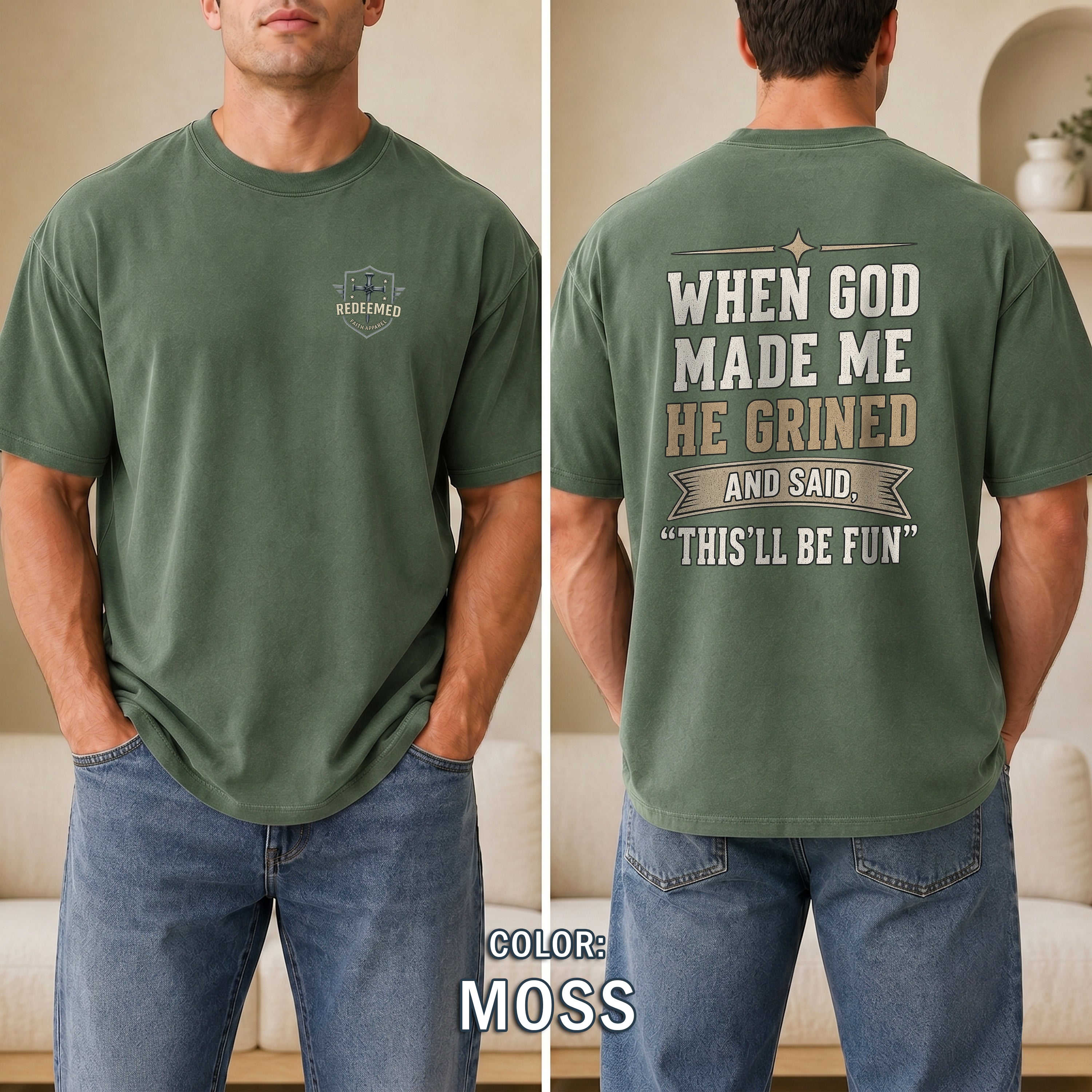 When God Made Me He Grinned Shirt, Funny Christian T-Shirt for Men, Christian Humor Tee, Faith Based Gift for Him, Redeemed Faith Apparel