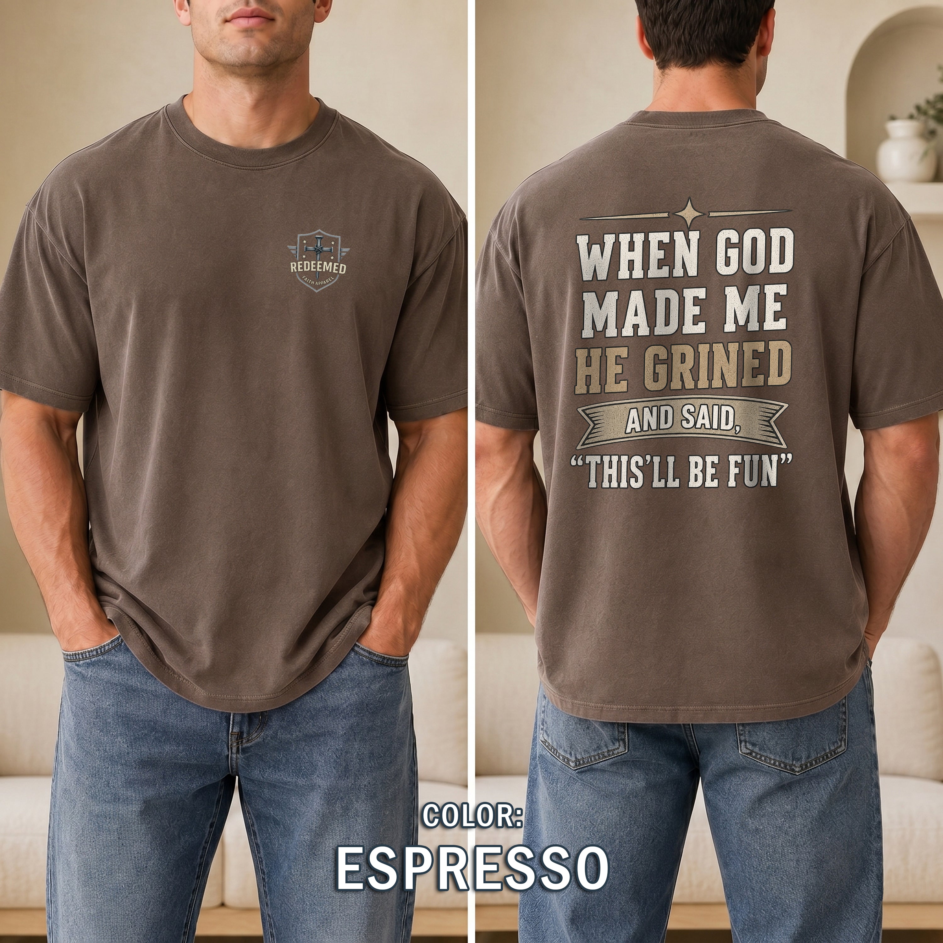 When God Made Me He Grinned Shirt, Funny Christian T-Shirt for Men, Christian Humor Tee, Faith Based Gift for Him, Redeemed Faith Apparel