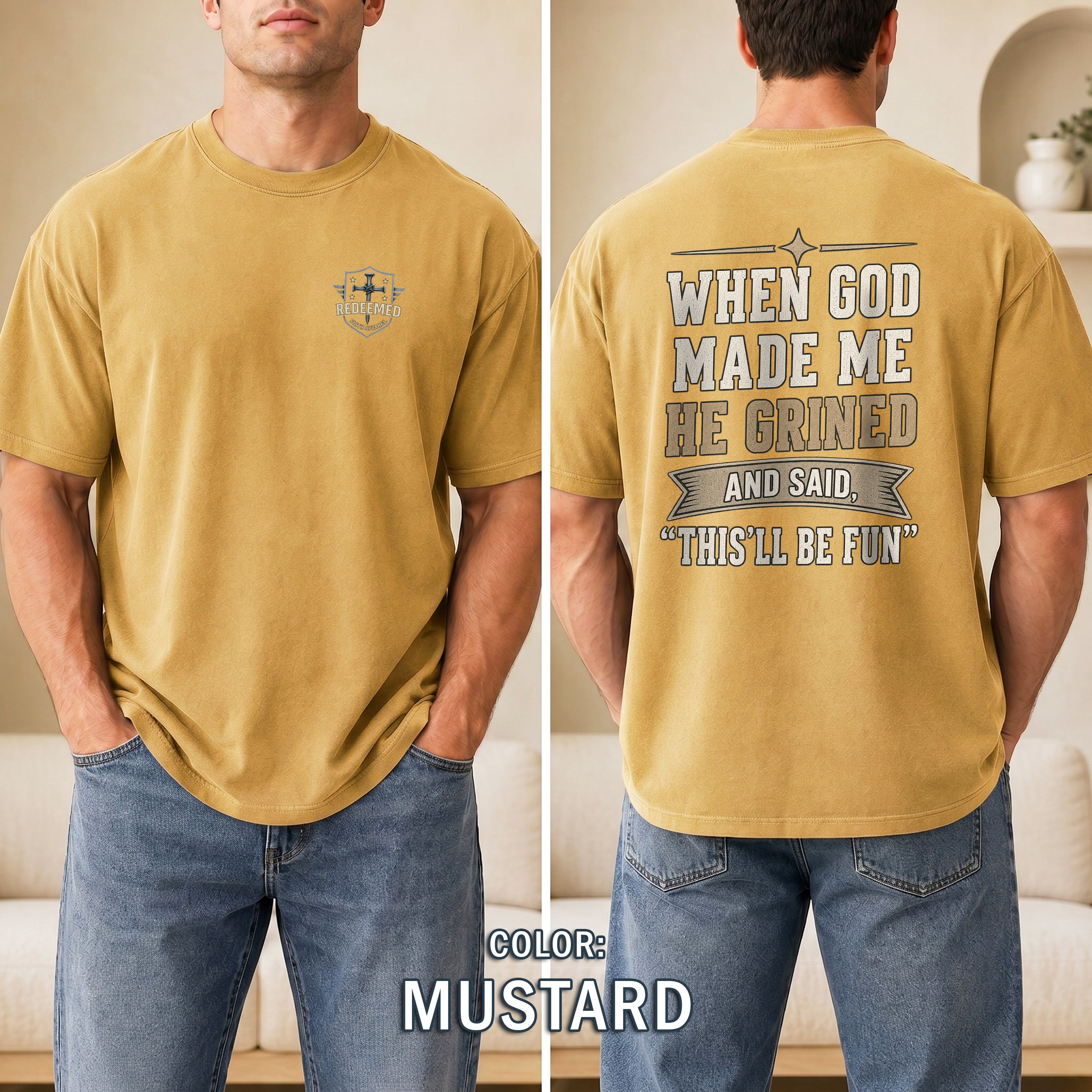 When God Made Me He Grinned Shirt, Funny Christian T-Shirt for Men, Christian Humor Tee, Faith Based Gift for Him, Redeemed Faith Apparel