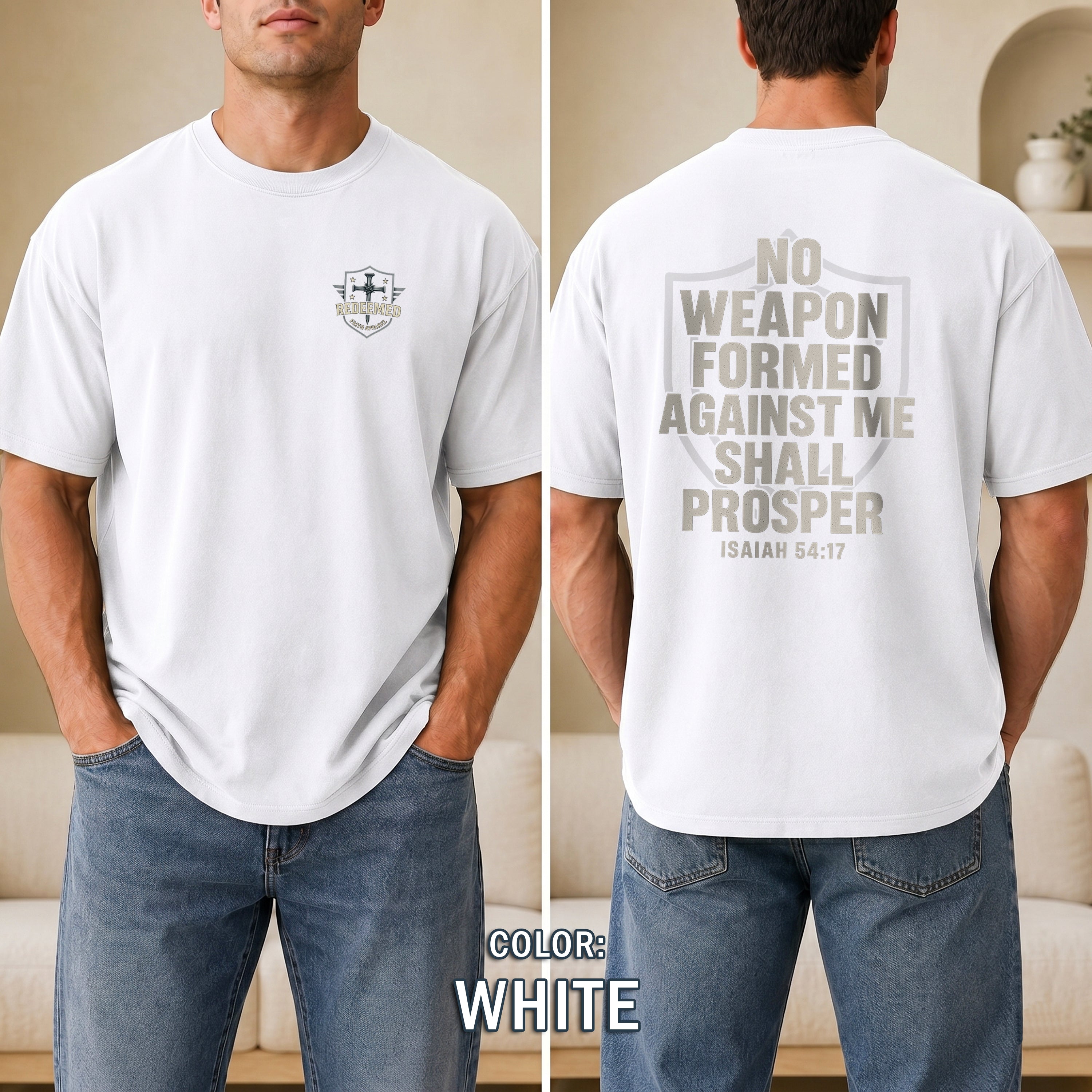 No Weapon Formed Against Me Shall Prosper Christian T-Shirt, Isaiah 54:17 Bible Verse Shirt, Faith Armor Tee, Redeemed Faith Apparel