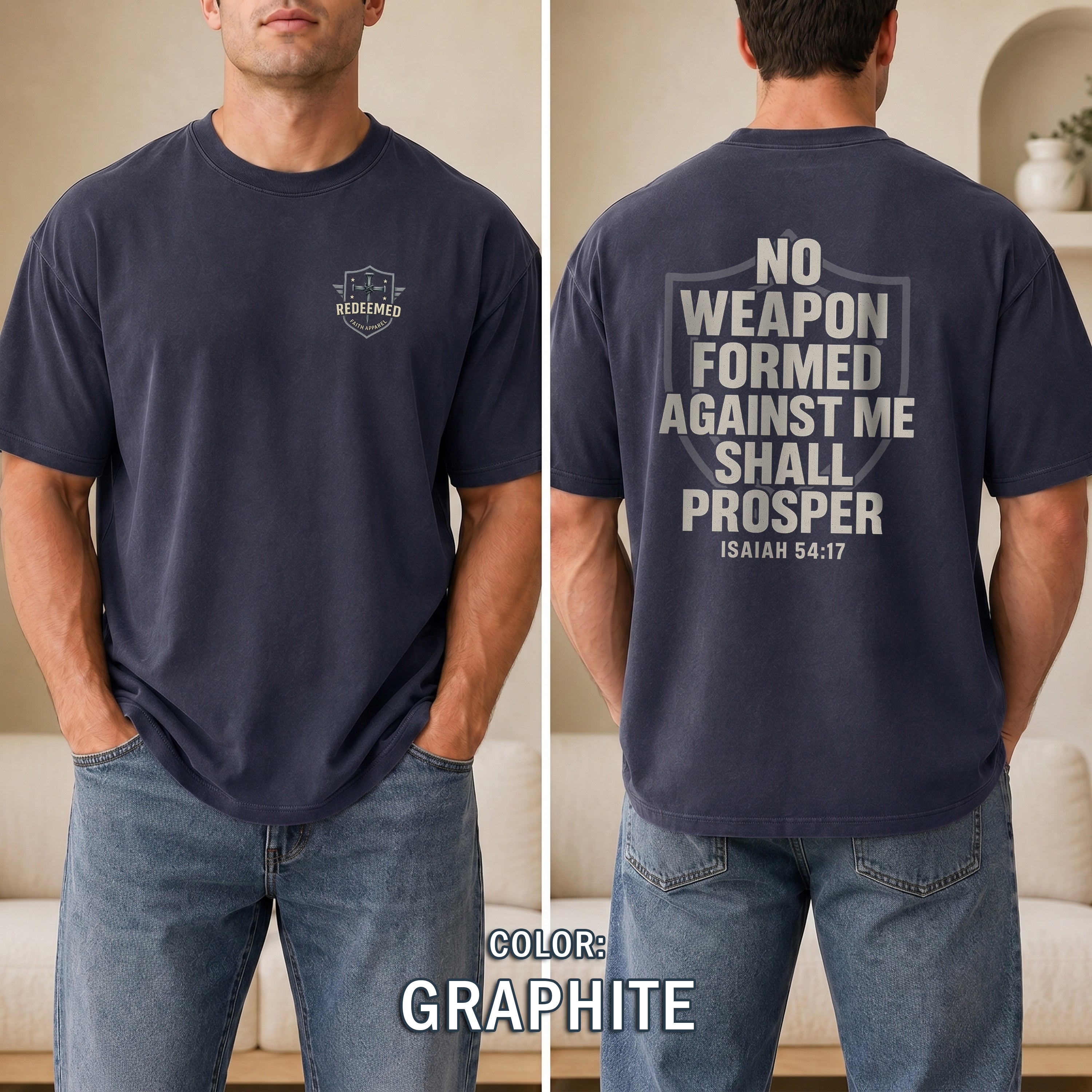 No Weapon Formed Against Me Shall Prosper Christian T-Shirt, Isaiah 54:17 Bible Verse Shirt, Faith Armor Tee, Redeemed Faith Apparel