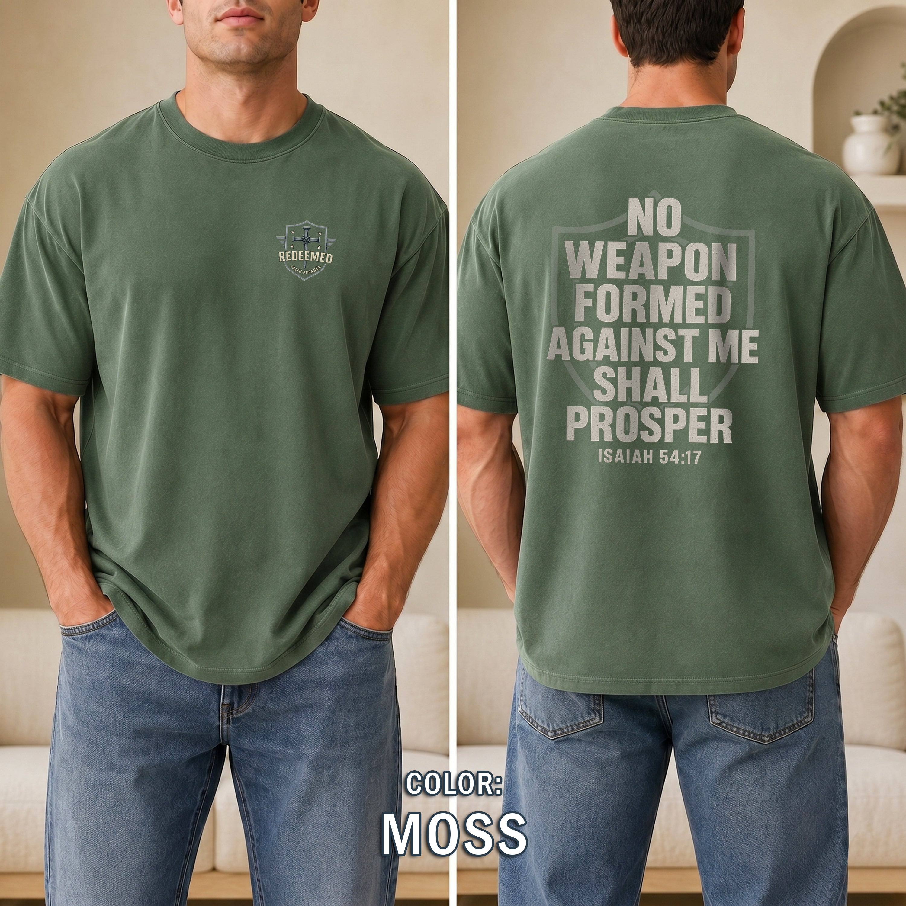 No Weapon Formed Against Me Shall Prosper Christian T-Shirt, Isaiah 54:17 Bible Verse Shirt, Faith Armor Tee, Redeemed Faith Apparel