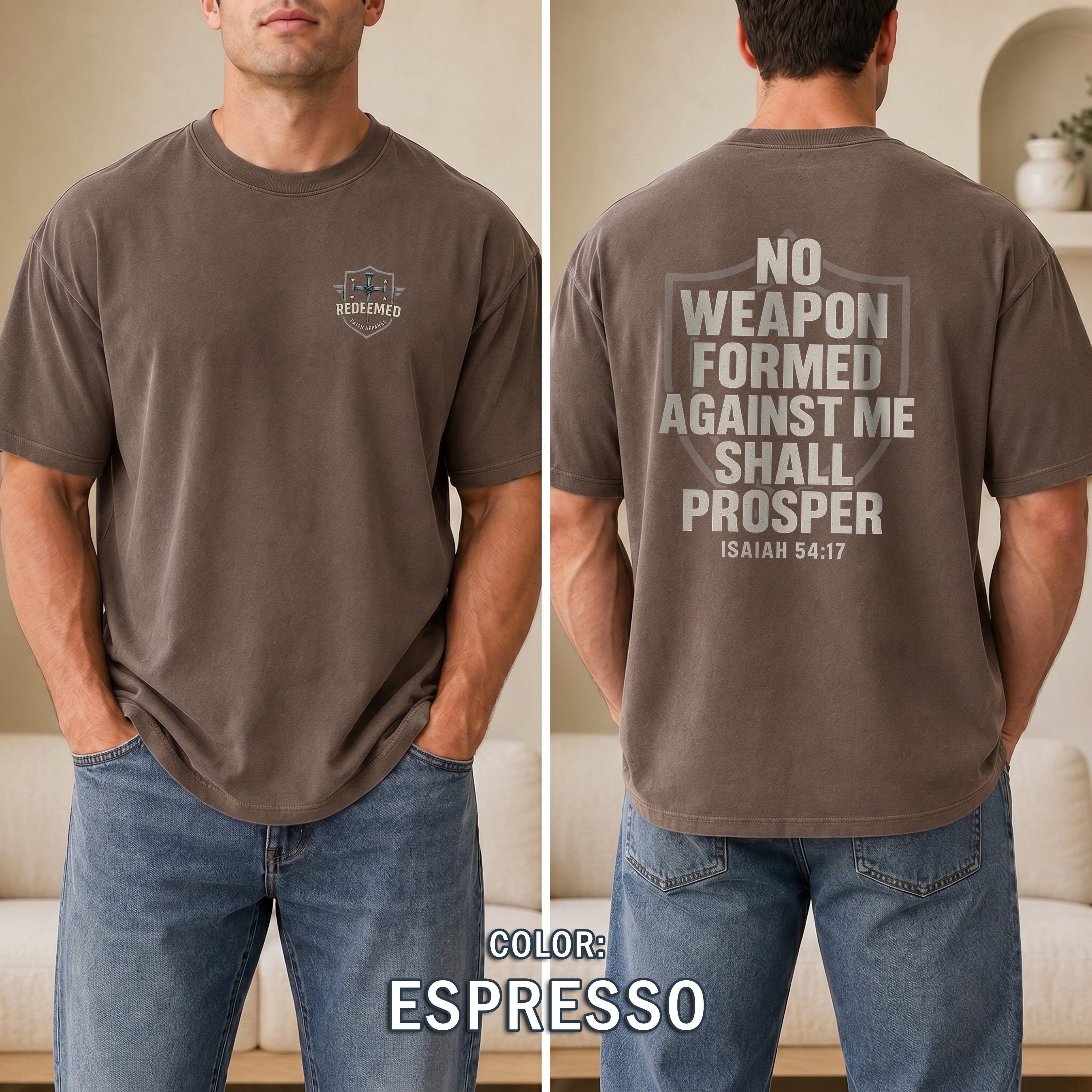No Weapon Formed Against Me Shall Prosper Christian T-Shirt, Isaiah 54:17 Bible Verse Shirt, Faith Armor Tee, Redeemed Faith Apparel