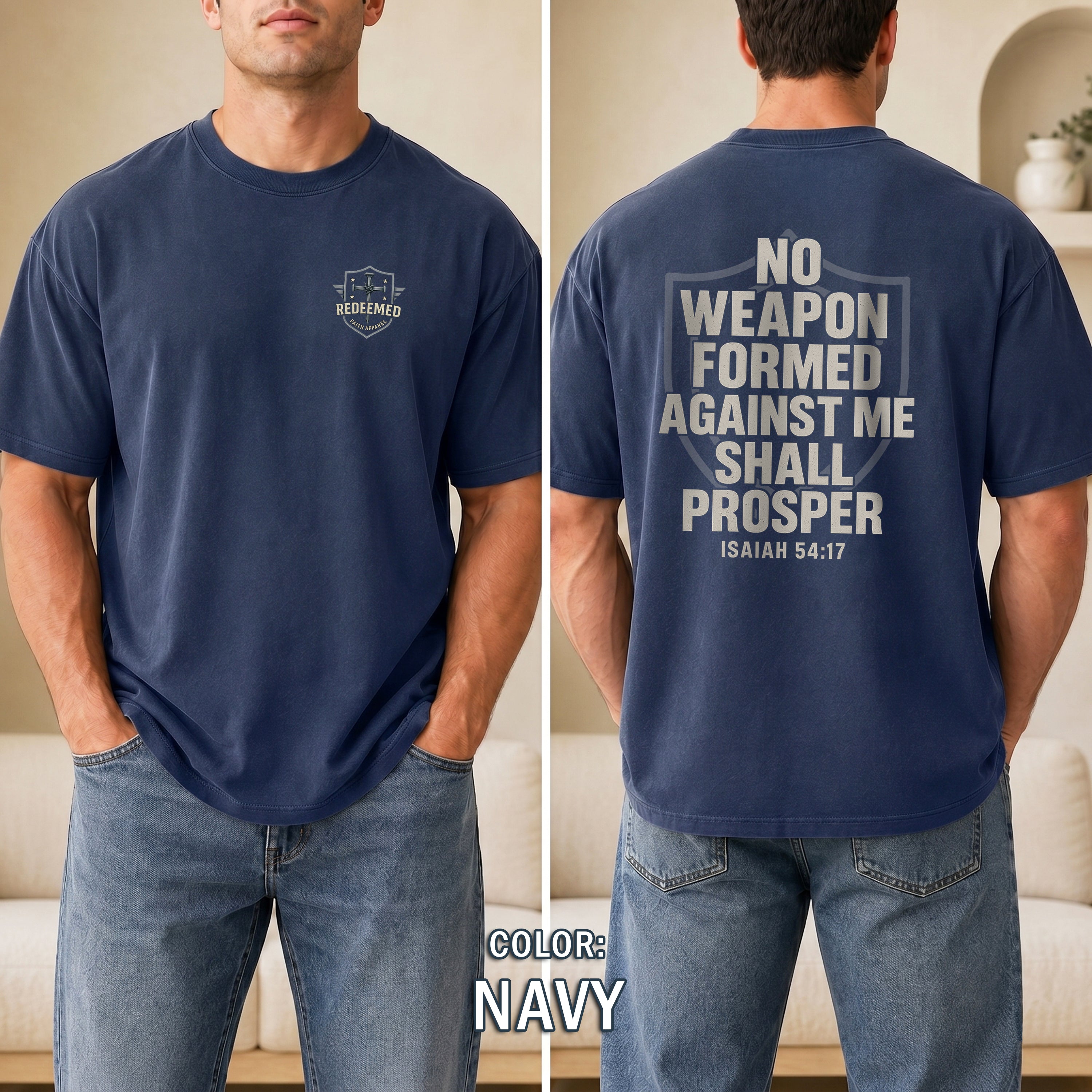 No Weapon Formed Against Me Shall Prosper Christian T-Shirt, Isaiah 54:17 Bible Verse Shirt, Faith Armor Tee, Redeemed Faith Apparel