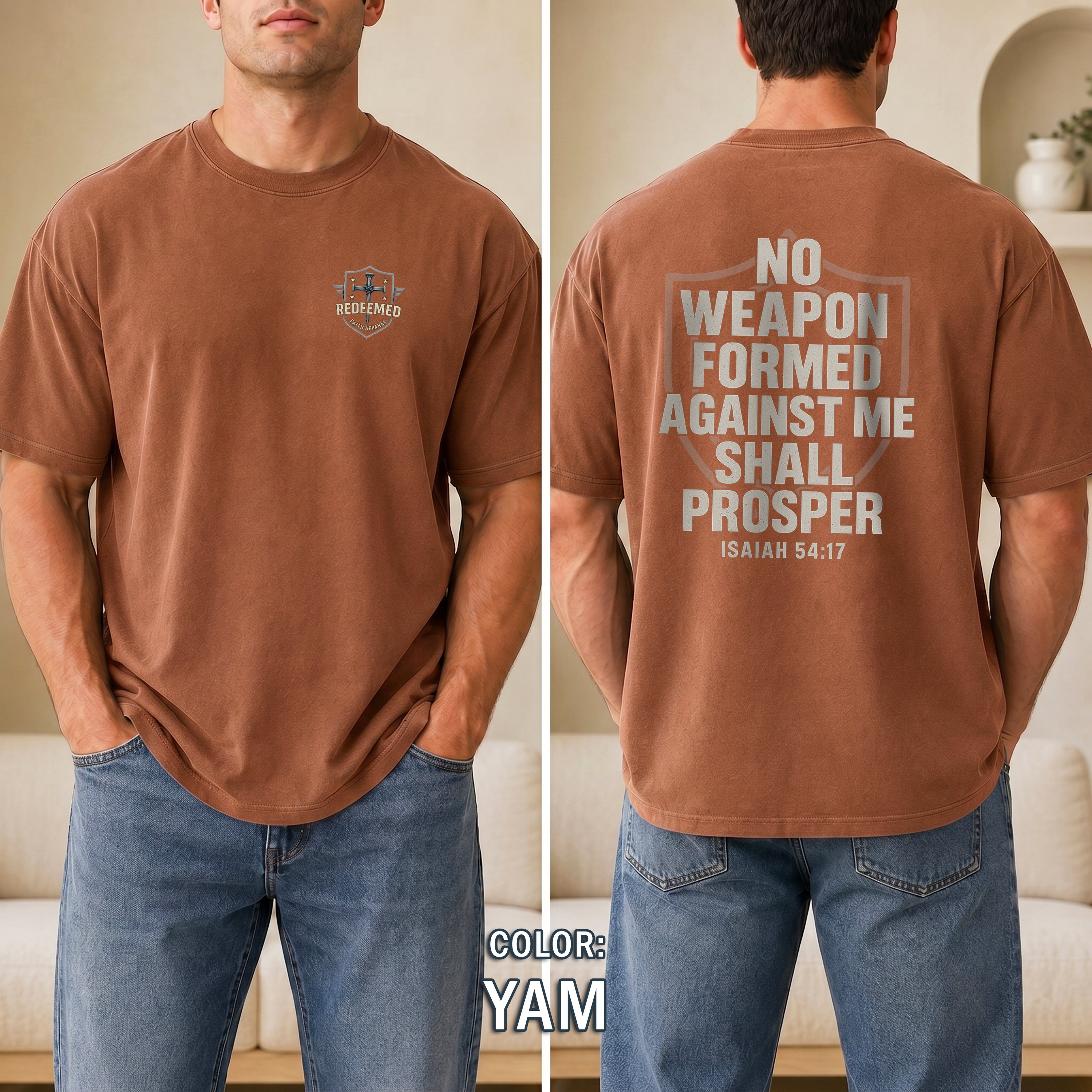 No Weapon Formed Against Me Shall Prosper Christian T-Shirt, Isaiah 54:17 Bible Verse Shirt, Faith Armor Tee, Redeemed Faith Apparel