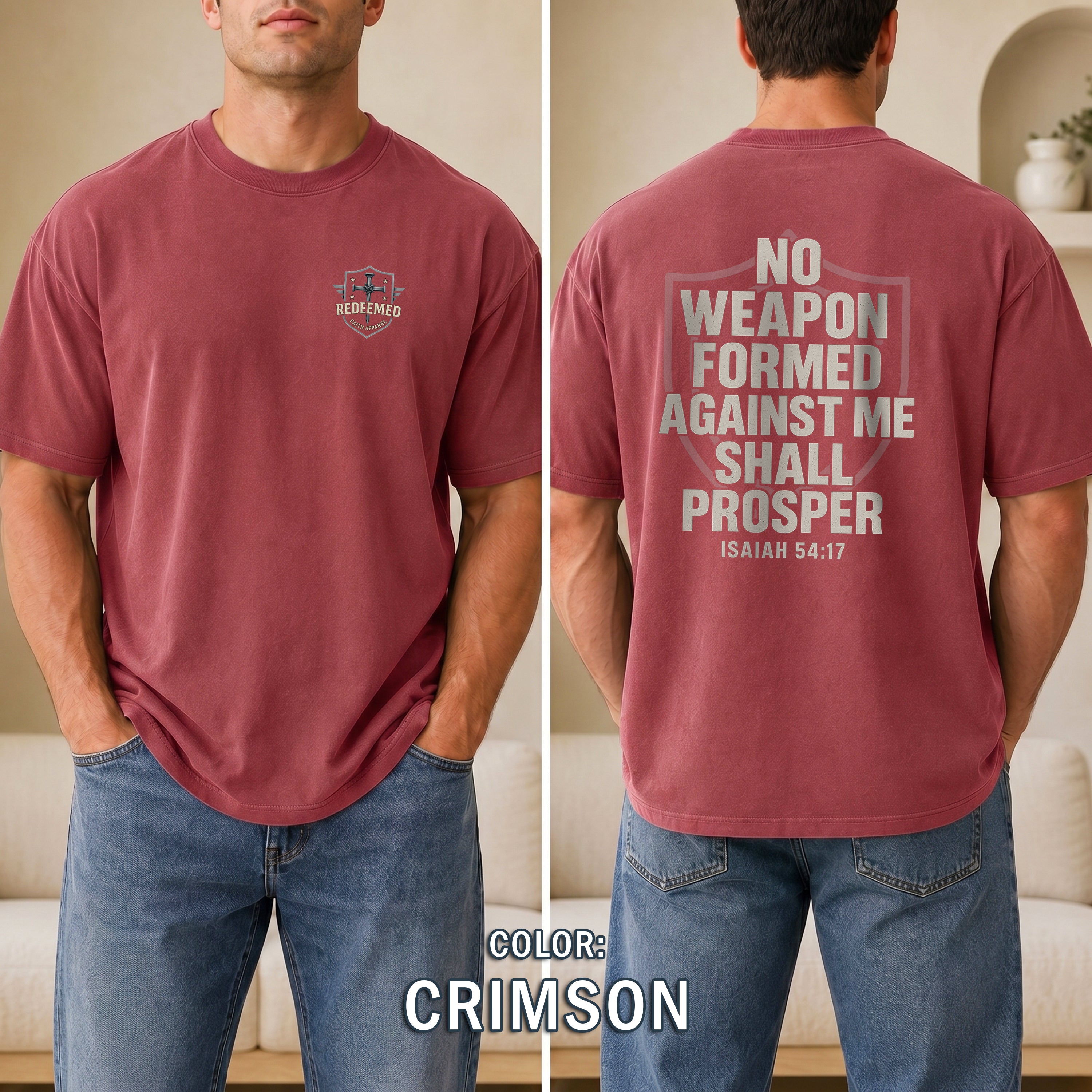 No Weapon Formed Against Me Shall Prosper Christian T-Shirt, Isaiah 54:17 Bible Verse Shirt, Faith Armor Tee, Redeemed Faith Apparel