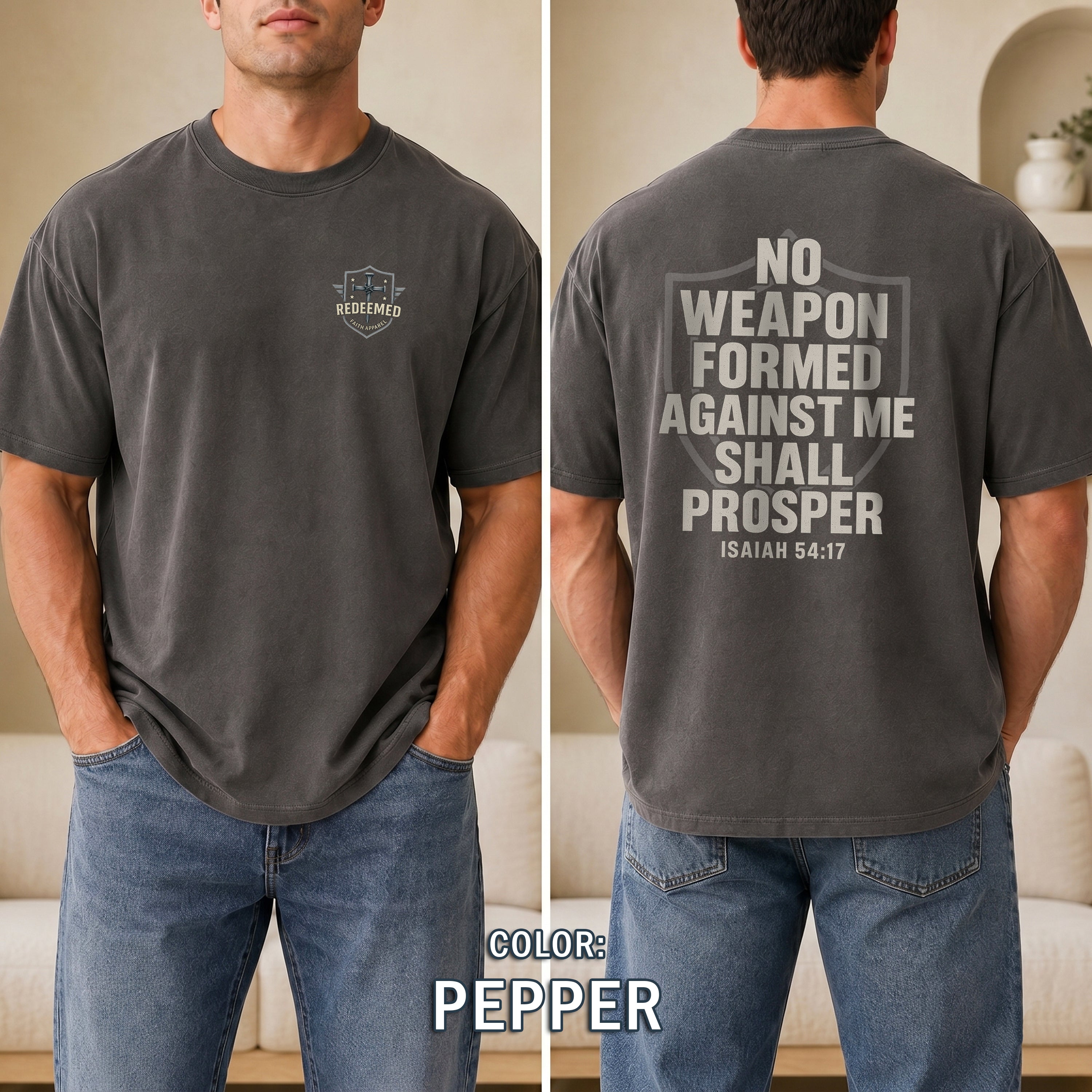 No Weapon Formed Against Me Shall Prosper Christian T-Shirt, Isaiah 54:17 Bible Verse Shirt, Faith Armor Tee, Redeemed Faith Apparel