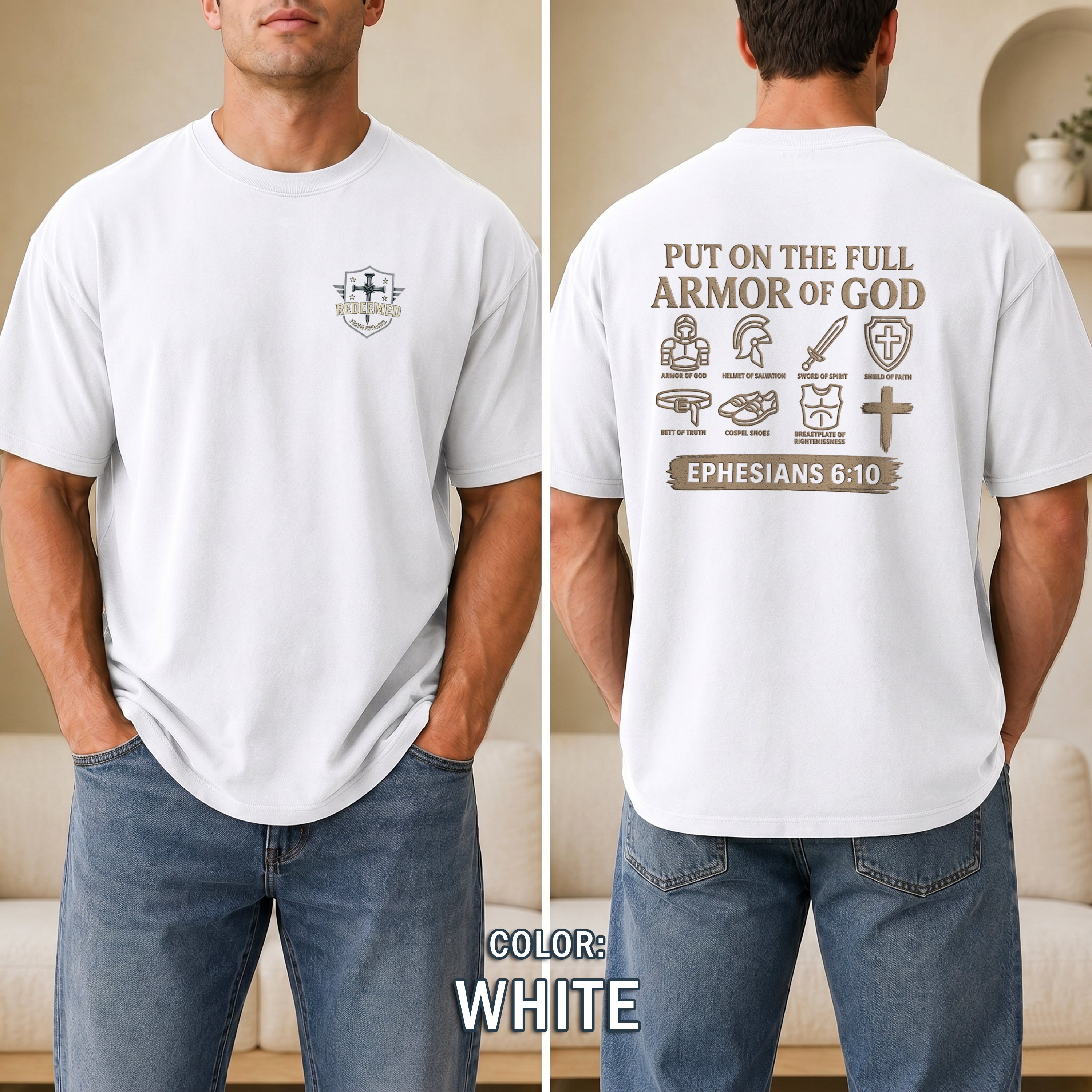 Armor of God Christian T-Shirt, Ephesians 6:10 Bible Verse Shirt, Christian Warrior Faith Tee, Gift for Men, Redeemed Faith Apparel