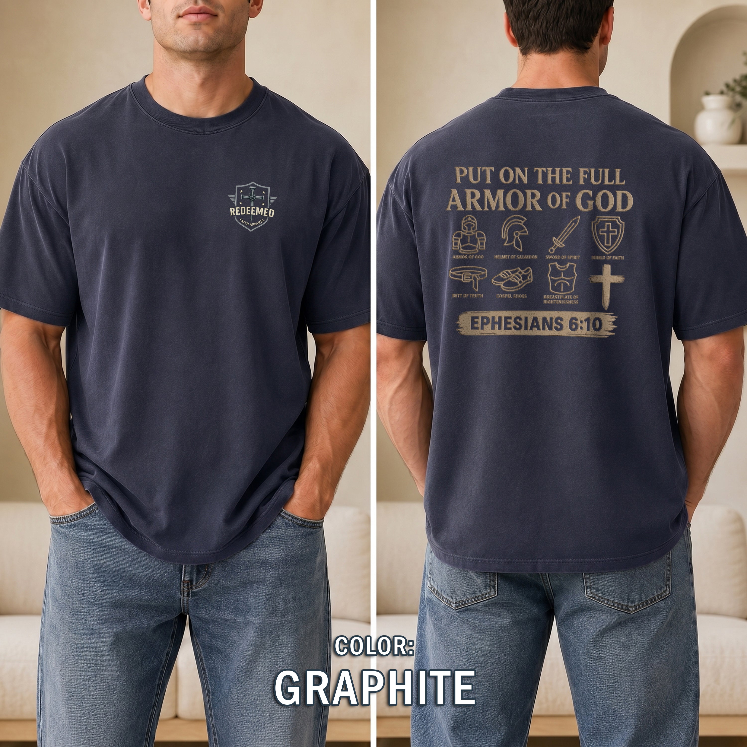 Armor of God Christian T-Shirt, Ephesians 6:10 Bible Verse Shirt, Christian Warrior Faith Tee, Gift for Men, Redeemed Faith Apparel