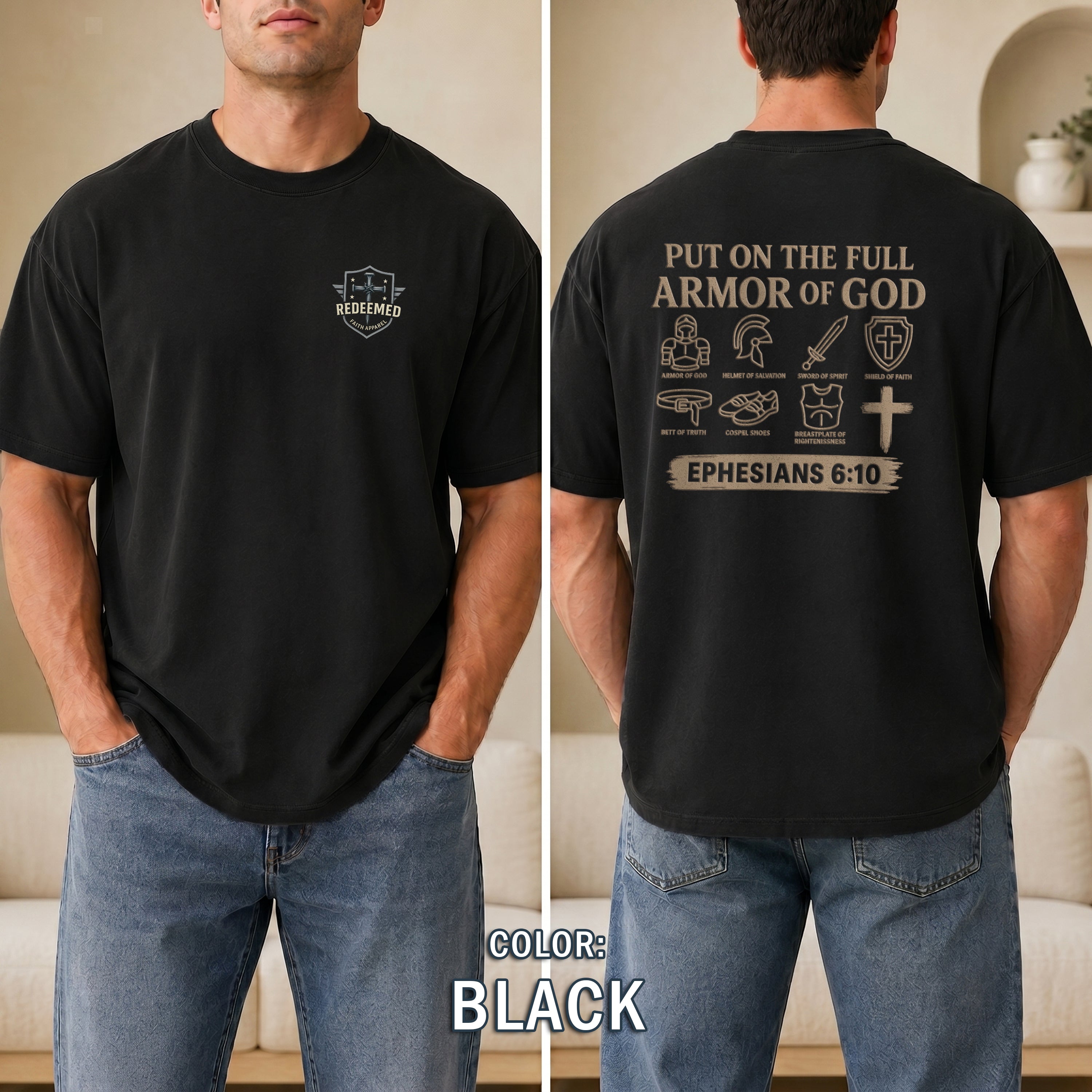 Armor of God Christian T-Shirt, Ephesians 6:10 Bible Verse Shirt, Christian Warrior Faith Tee, Gift for Men, Redeemed Faith Apparel