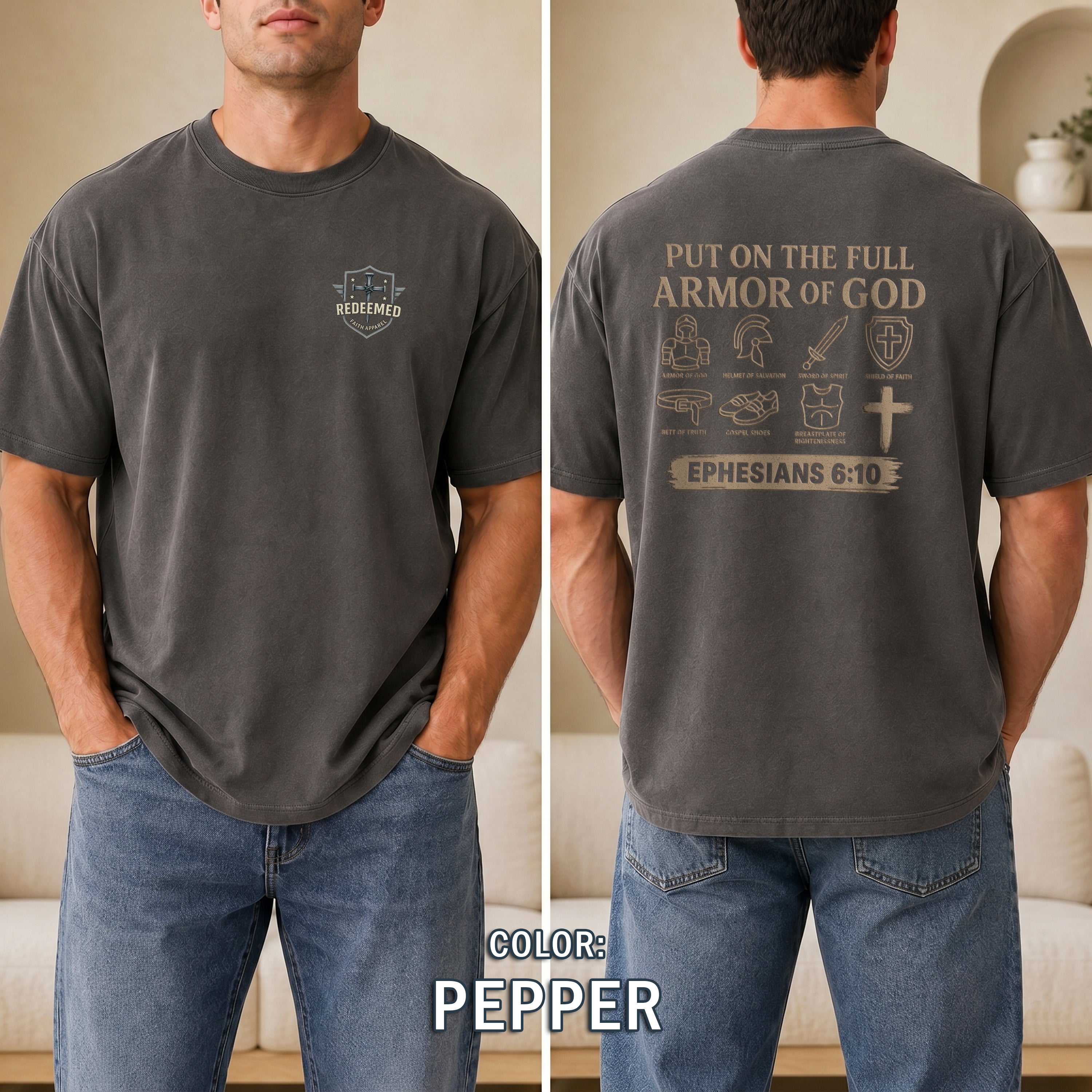 Armor of God Christian T-Shirt, Ephesians 6:10 Bible Verse Shirt, Christian Warrior Faith Tee, Gift for Men, Redeemed Faith Apparel