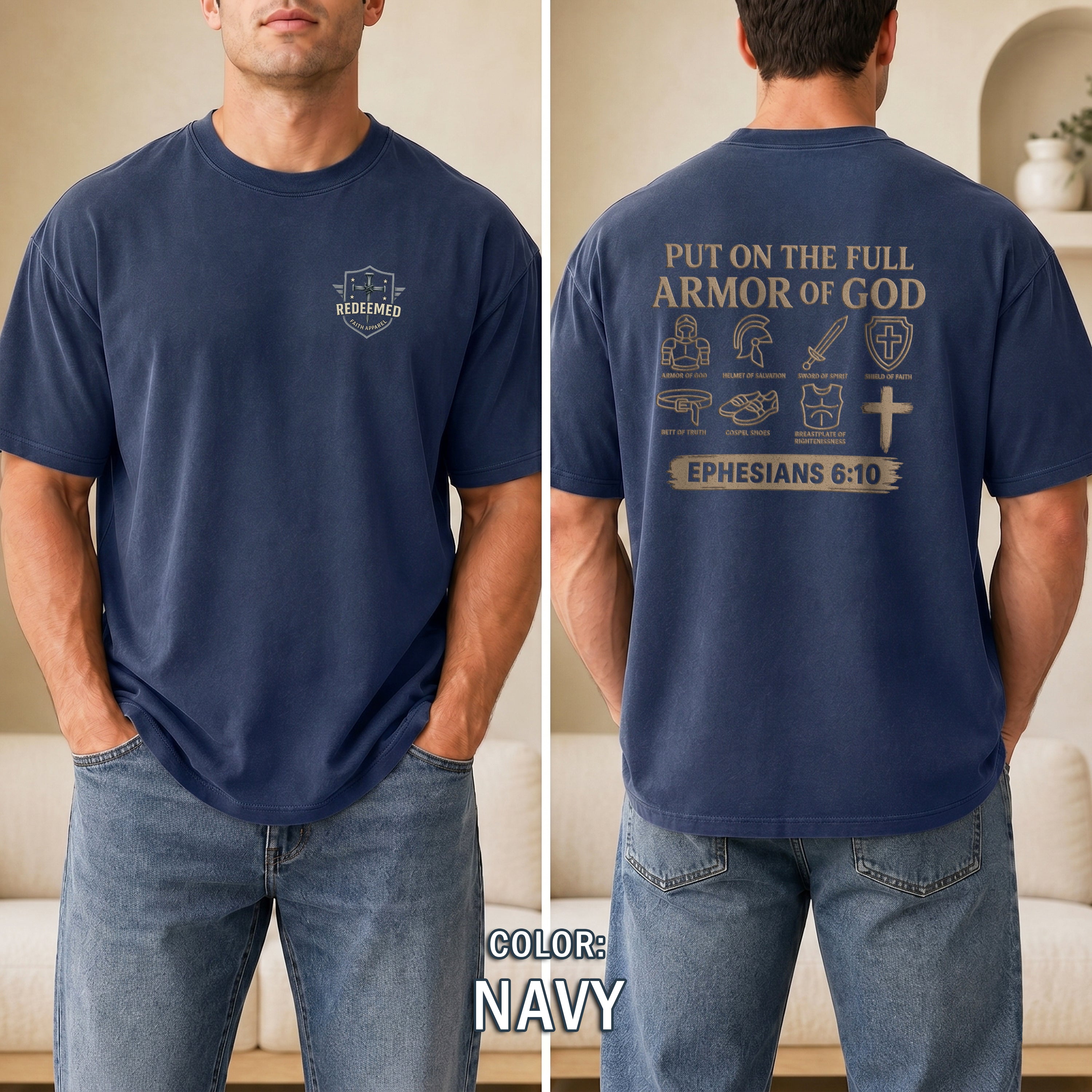 Armor of God Christian T-Shirt, Ephesians 6:10 Bible Verse Shirt, Christian Warrior Faith Tee, Gift for Men, Redeemed Faith Apparel