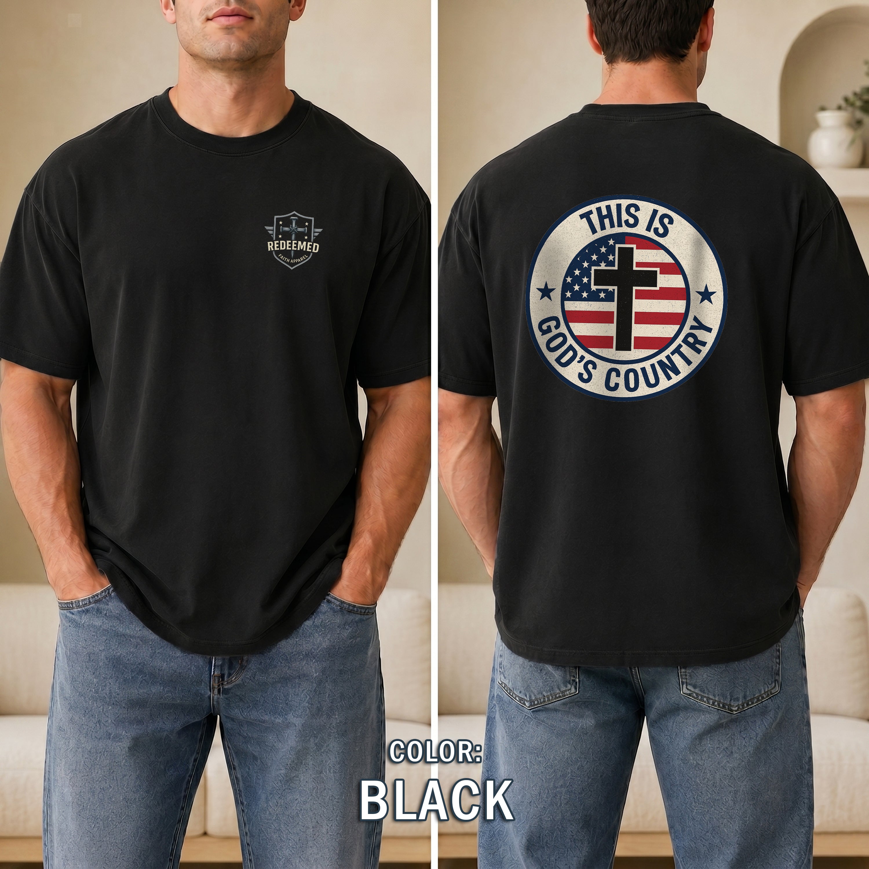 This Is Gods Country Christian Patriotic T-Shirt, American Flag Cross Shirt, Faith USA Tee, Christian Gift, Redeemed Faith Apparel