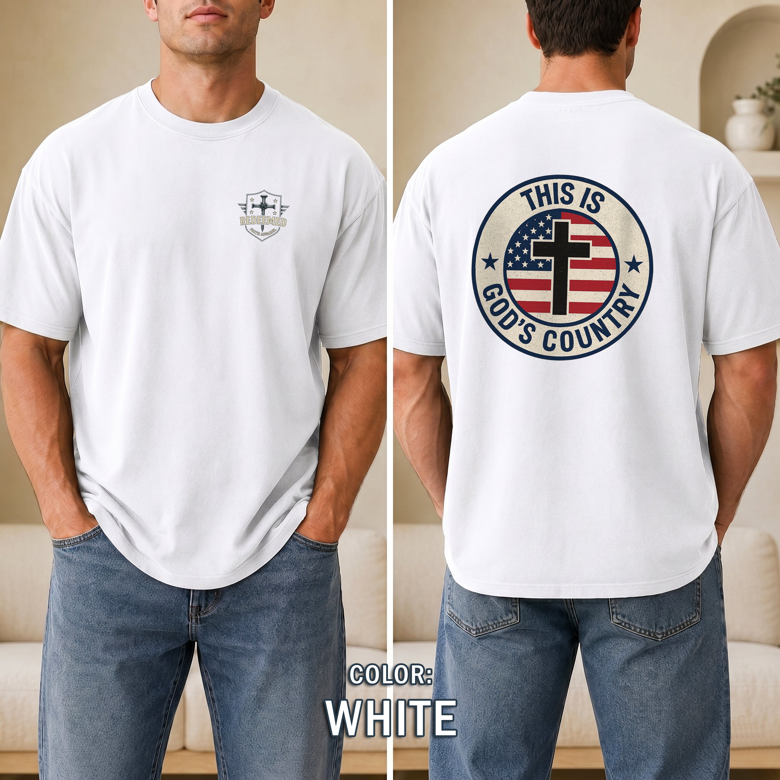This Is Gods Country Christian Patriotic T-Shirt, American Flag Cross Shirt, Faith USA Tee, Christian Gift, Redeemed Faith Apparel
