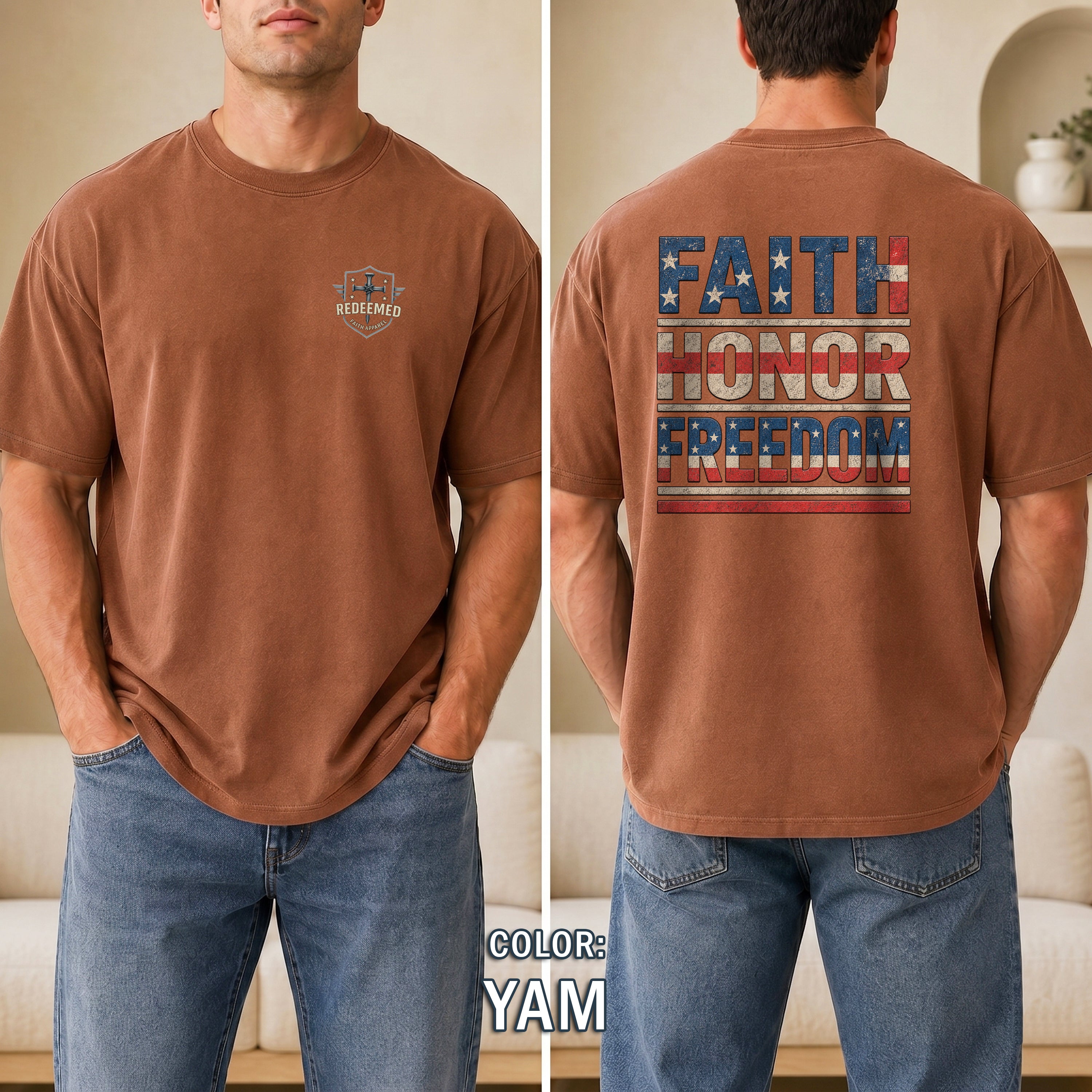 Faith Honor Freedom Christian Patriotic T-Shirt, American Flag Faith Shirt, Christian USA Tee, Gift for Men, Redeemed Faith Apparel