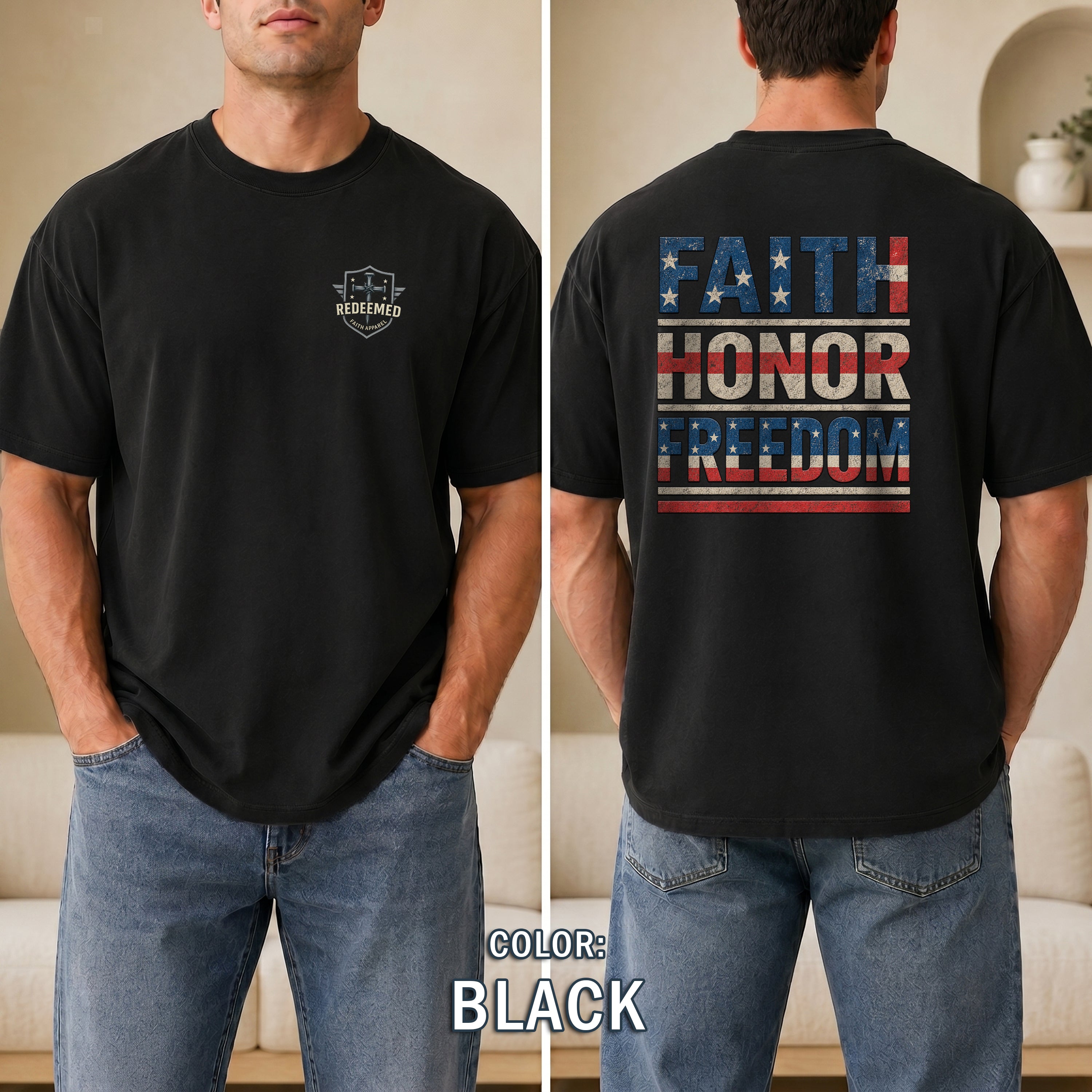 Faith Honor Freedom Christian Patriotic T-Shirt, American Flag Faith Shirt, Christian USA Tee, Gift for Men, Redeemed Faith Apparel