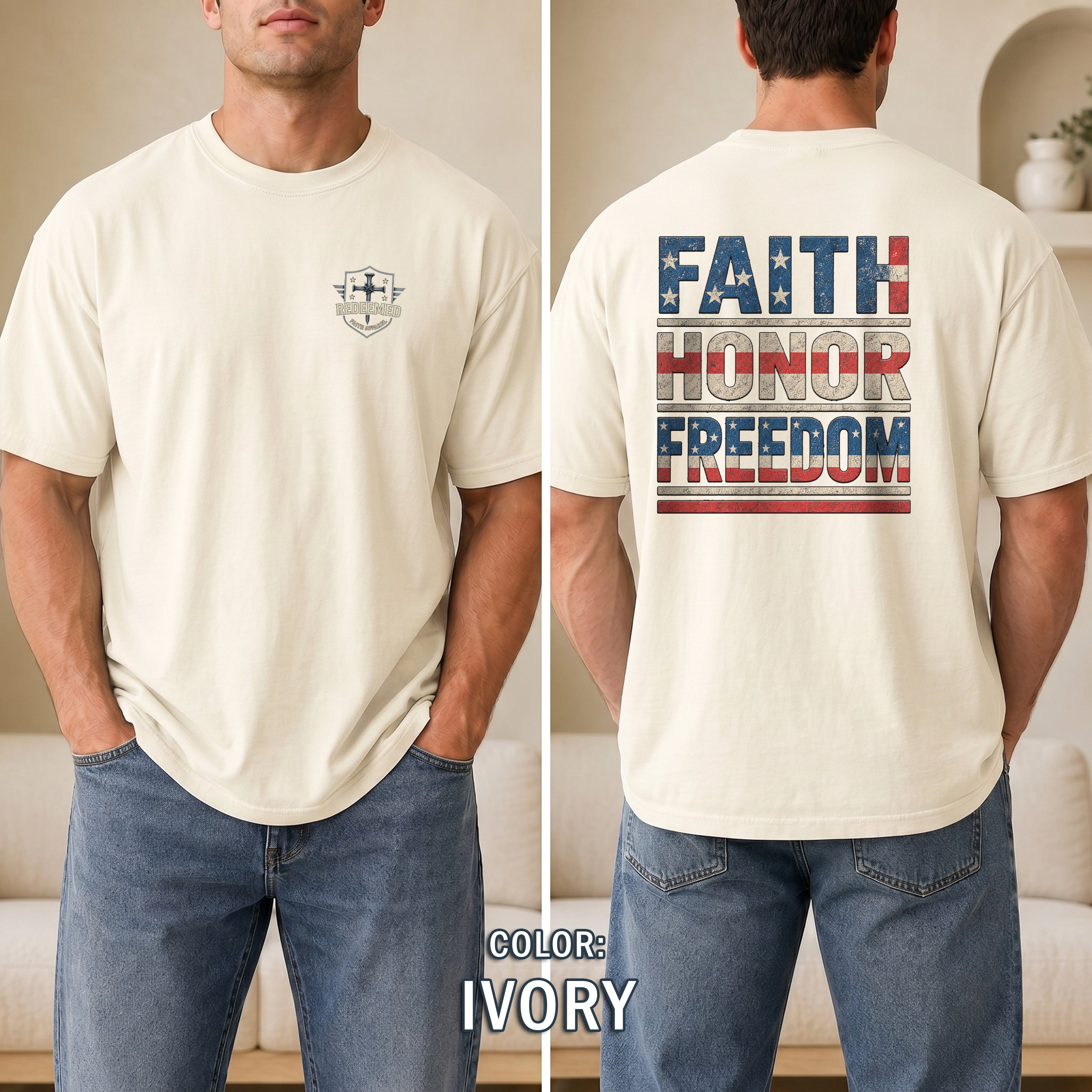 Faith Honor Freedom Christian Patriotic T-Shirt, American Flag Faith Shirt, Christian USA Tee, Gift for Men, Redeemed Faith Apparel