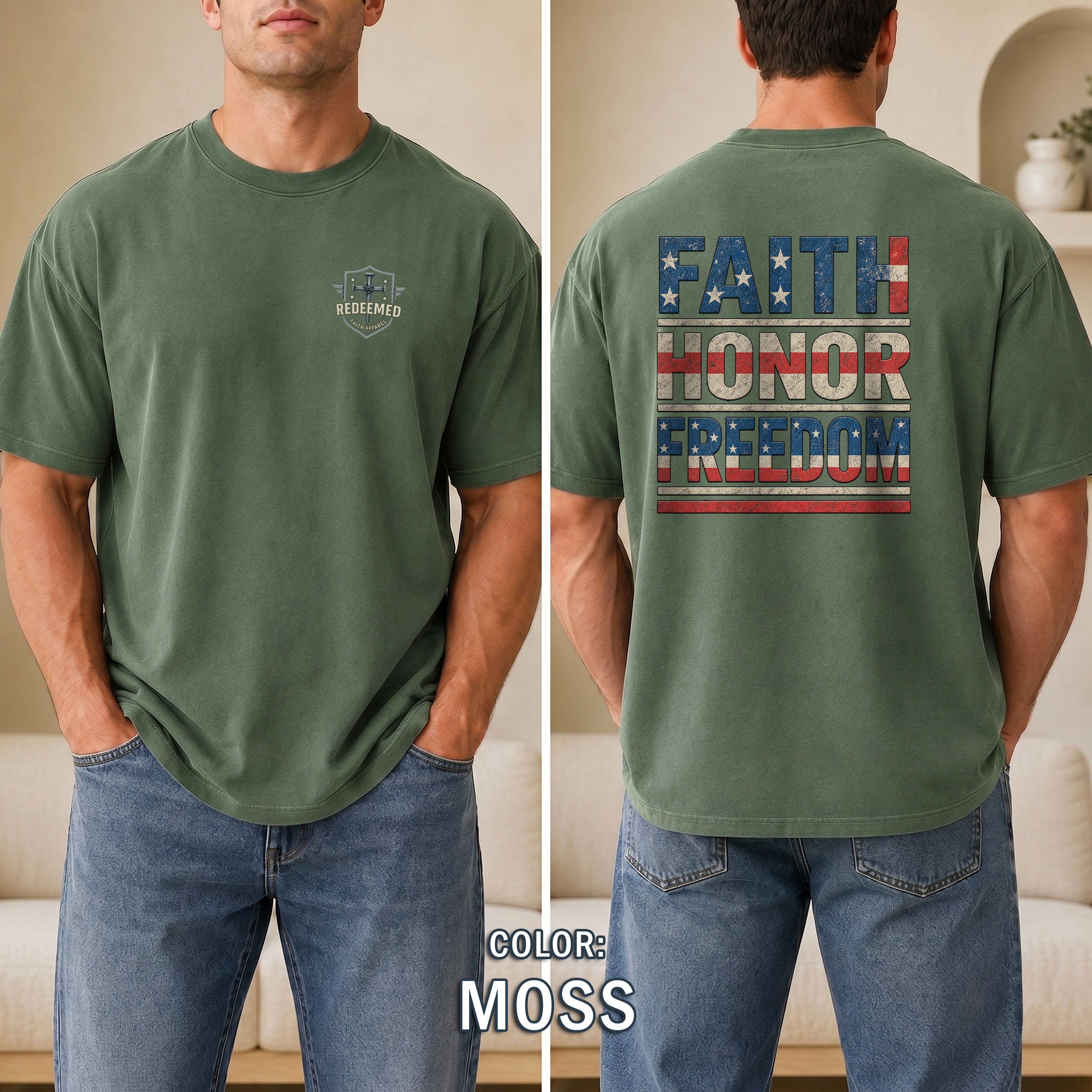 Faith Honor Freedom Christian Patriotic T-Shirt, American Flag Faith Shirt, Christian USA Tee, Gift for Men, Redeemed Faith Apparel