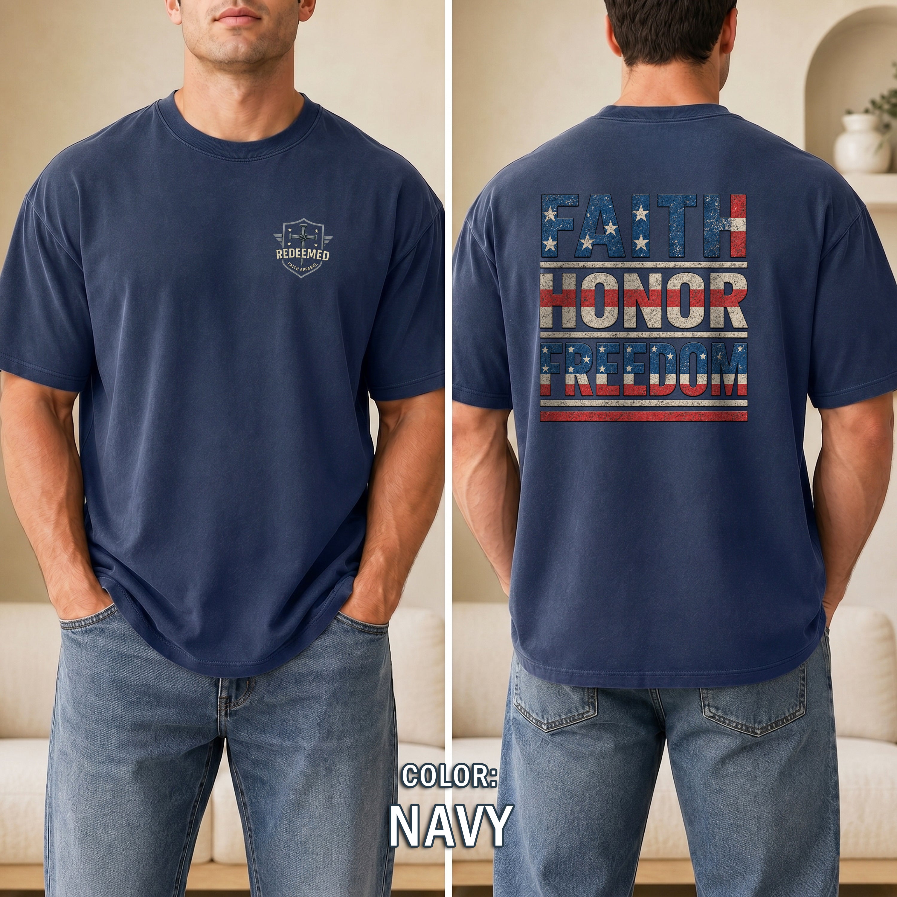 Faith Honor Freedom Christian Patriotic T-Shirt, American Flag Faith Shirt, Christian USA Tee, Gift for Men, Redeemed Faith Apparel
