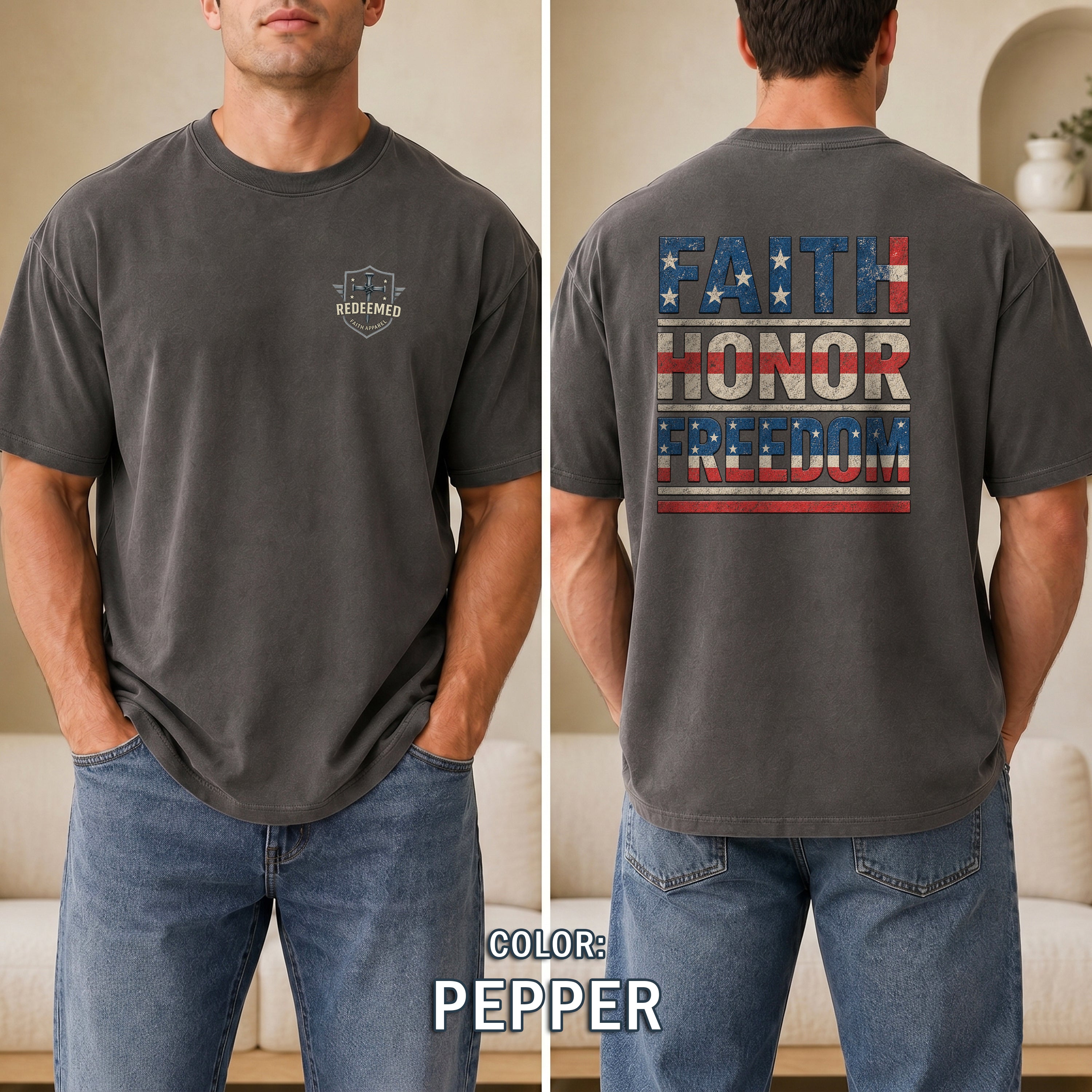 Faith Honor Freedom Christian Patriotic T-Shirt, American Flag Faith Shirt, Christian USA Tee, Gift for Men, Redeemed Faith Apparel