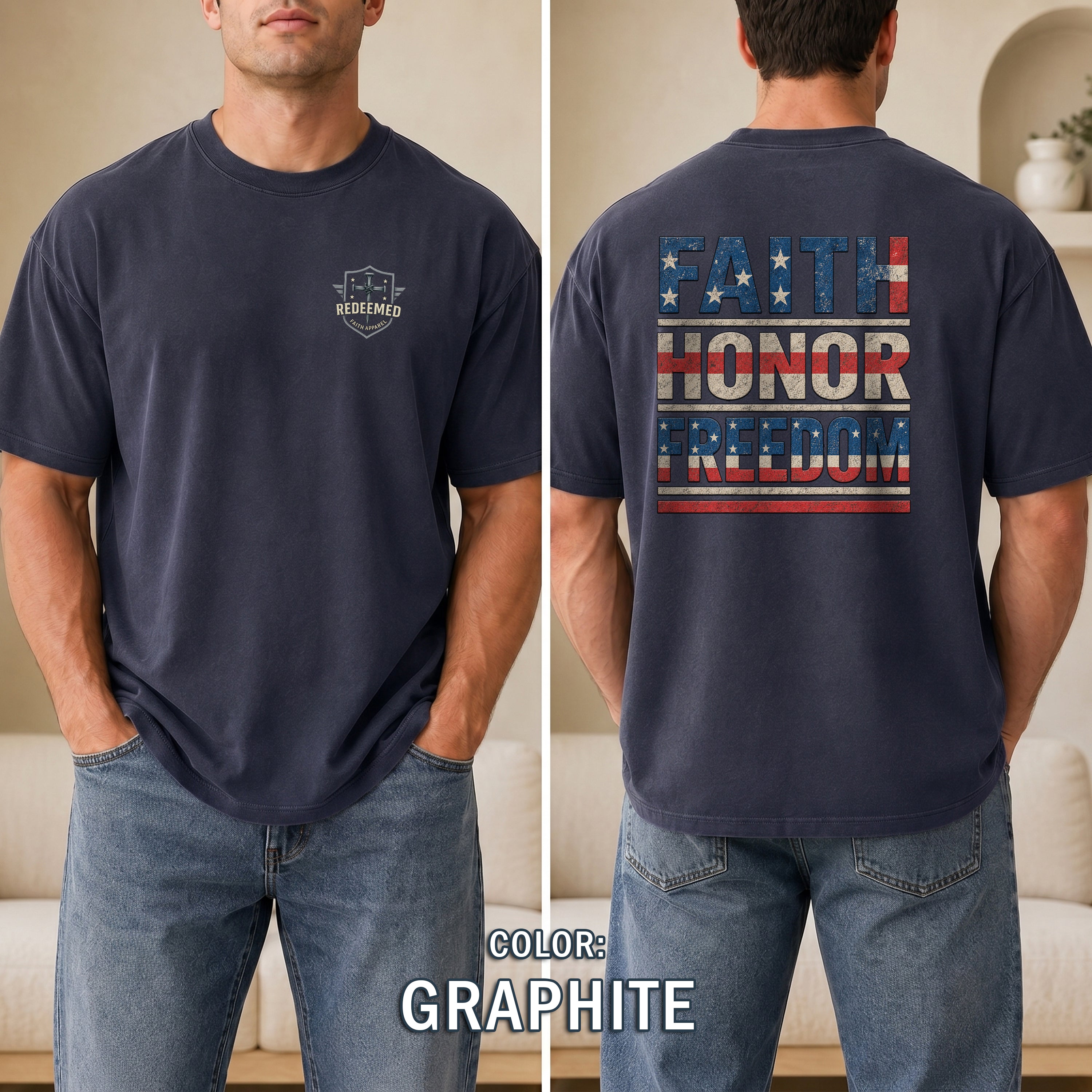 Faith Honor Freedom Christian Patriotic T-Shirt, American Flag Faith Shirt, Christian USA Tee, Gift for Men, Redeemed Faith Apparel