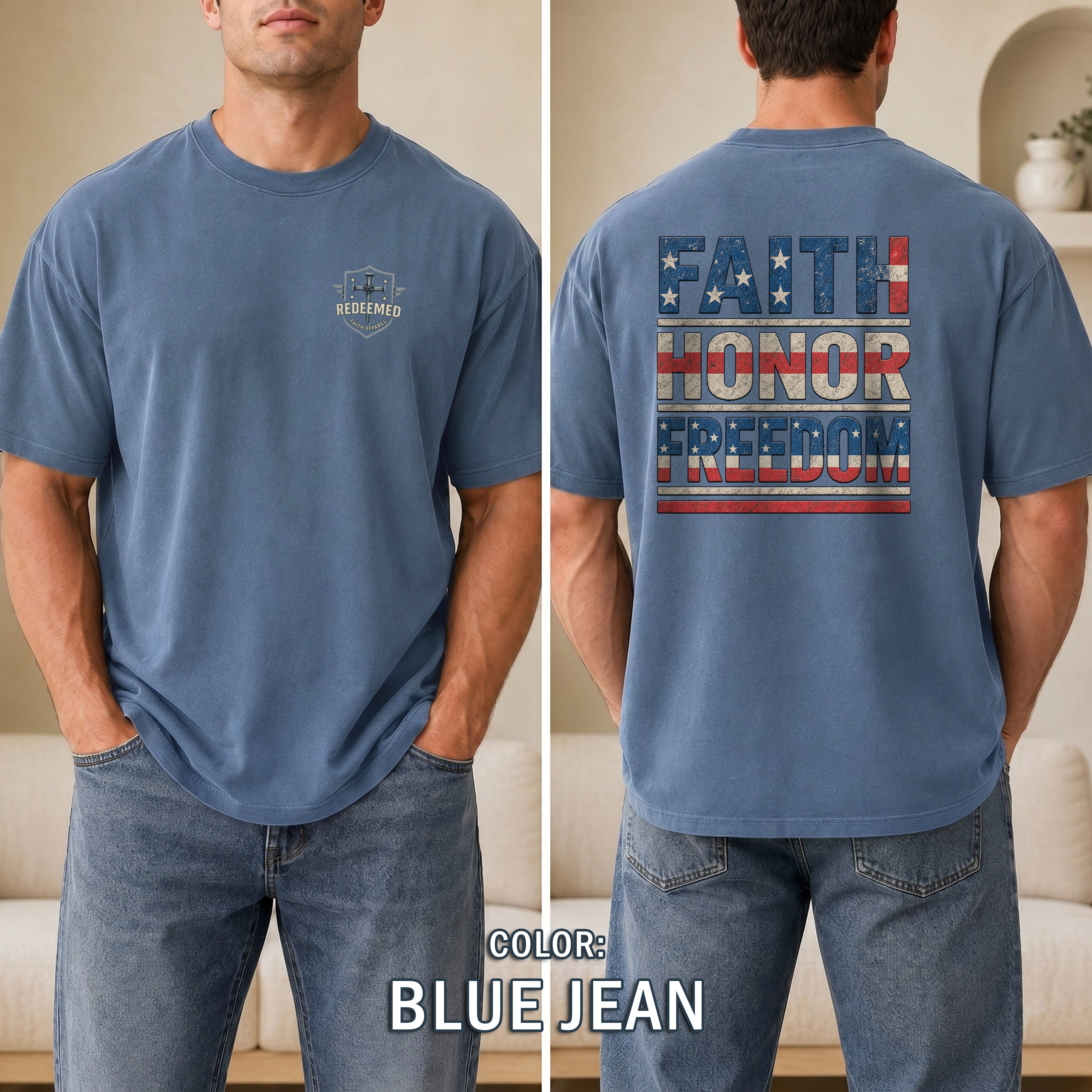 Faith Honor Freedom Christian Patriotic T-Shirt, American Flag Faith Shirt, Christian USA Tee, Gift for Men, Redeemed Faith Apparel