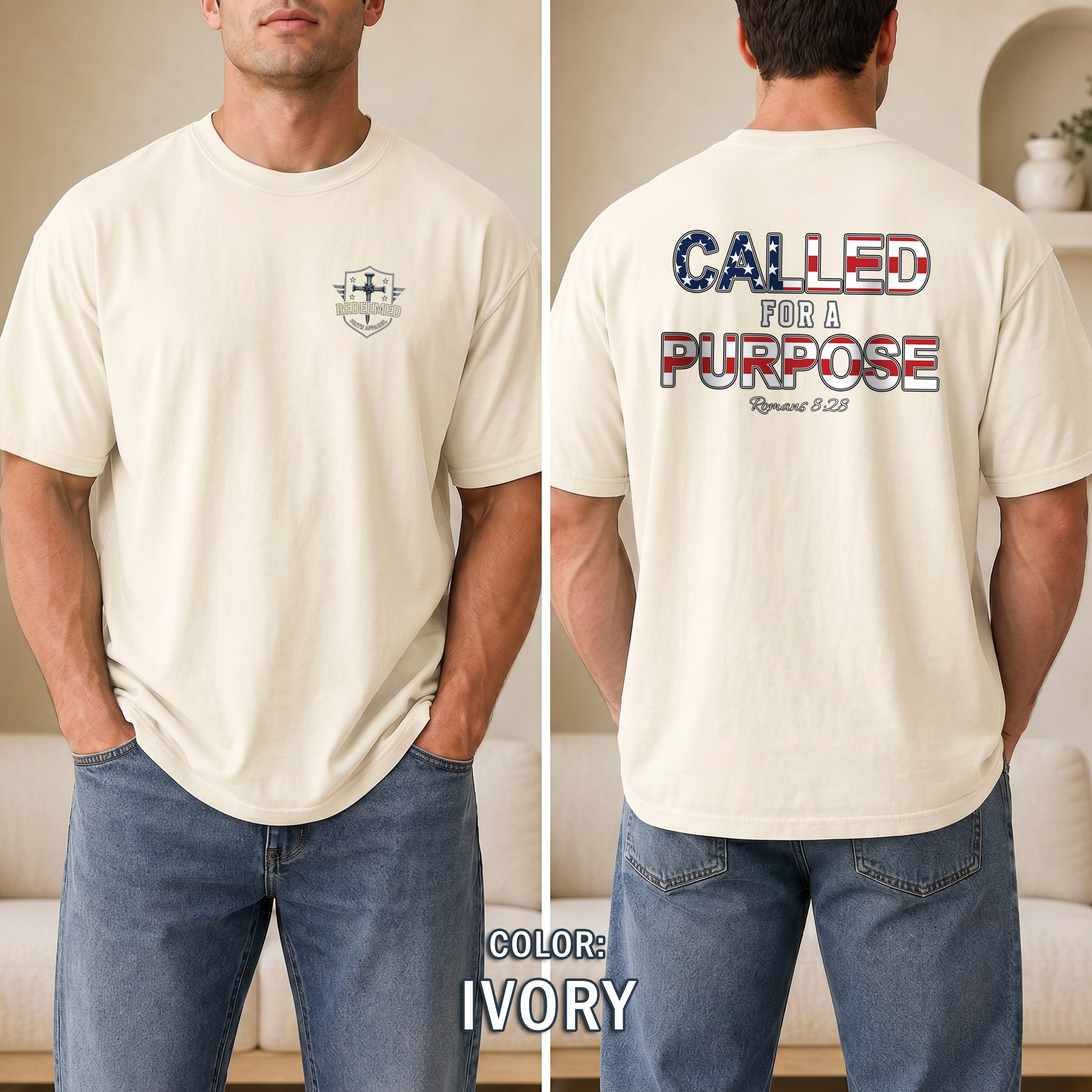 Called for a Purpose Christian Shirt, Romans 8:28 Bible Verse T-Shirt, Patriotic Faith Tee, Christian Gifts For Men, Redeemed Faith Apparel
