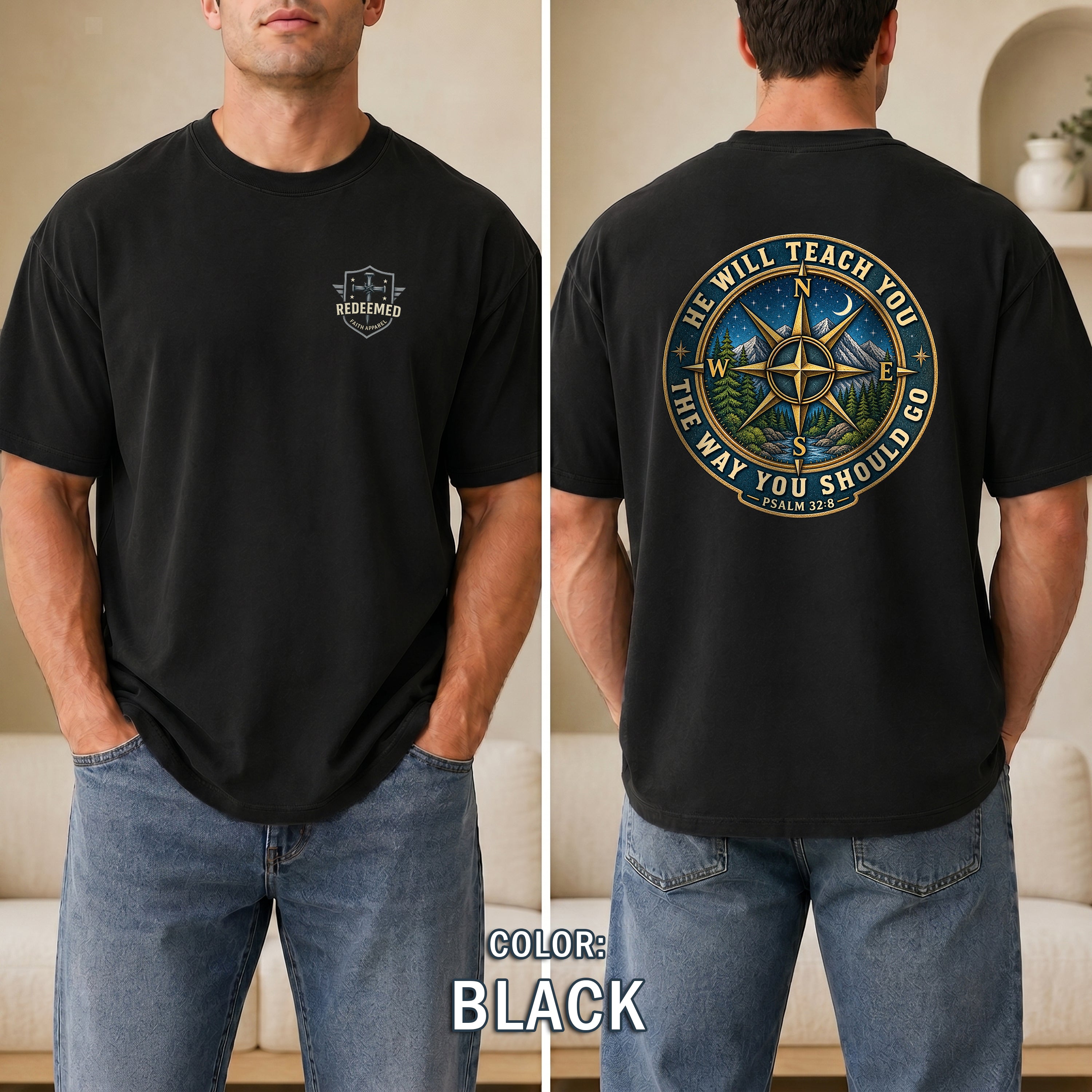 He Will Teach You the Way You Should Go Christian Shirt, Psalm 32:8 Compass Bible Verse Tee, Faith Gift, Redeemed Faith Apparel