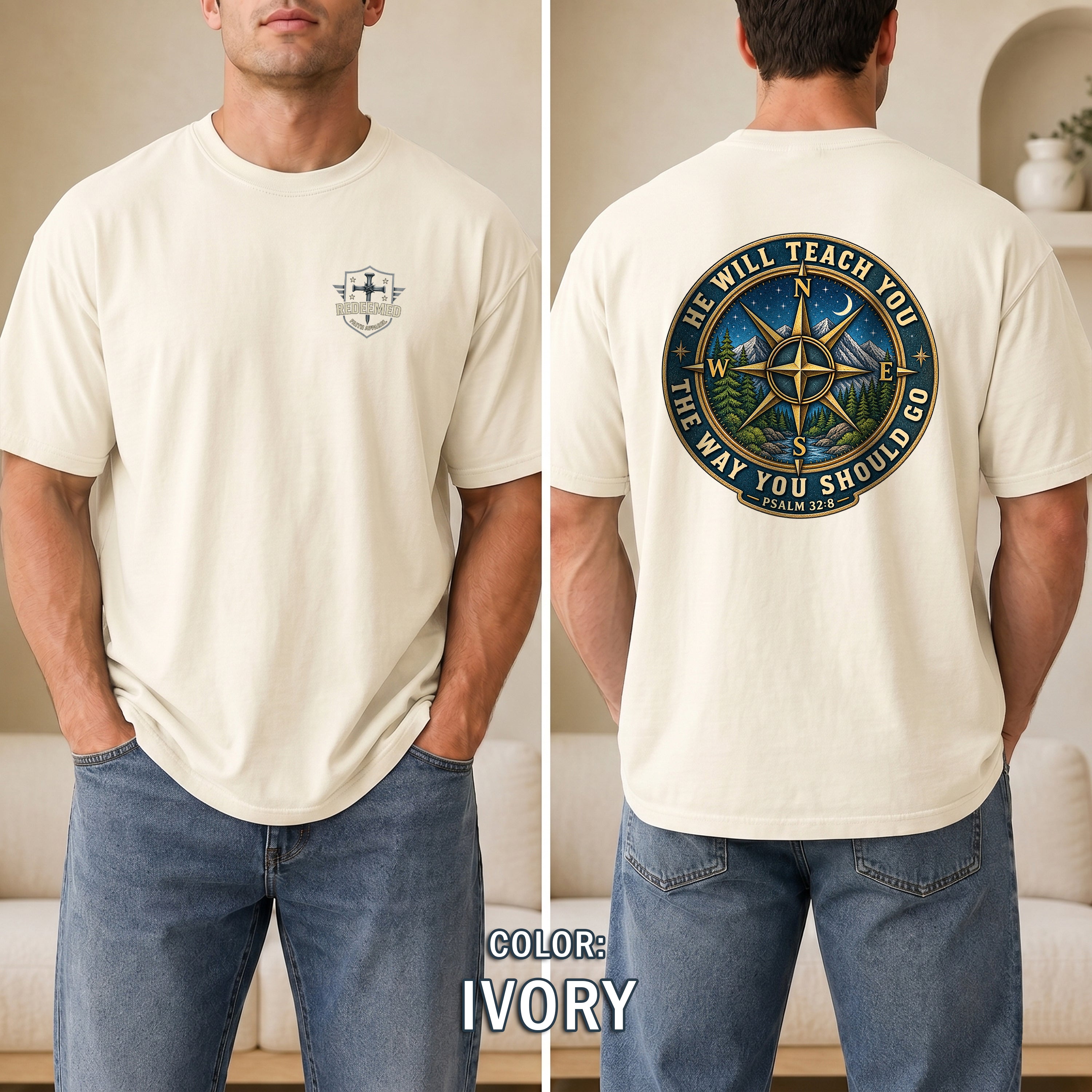 He Will Teach You the Way You Should Go Christian Shirt, Psalm 32:8 Compass Bible Verse Tee, Faith Gift, Redeemed Faith Apparel