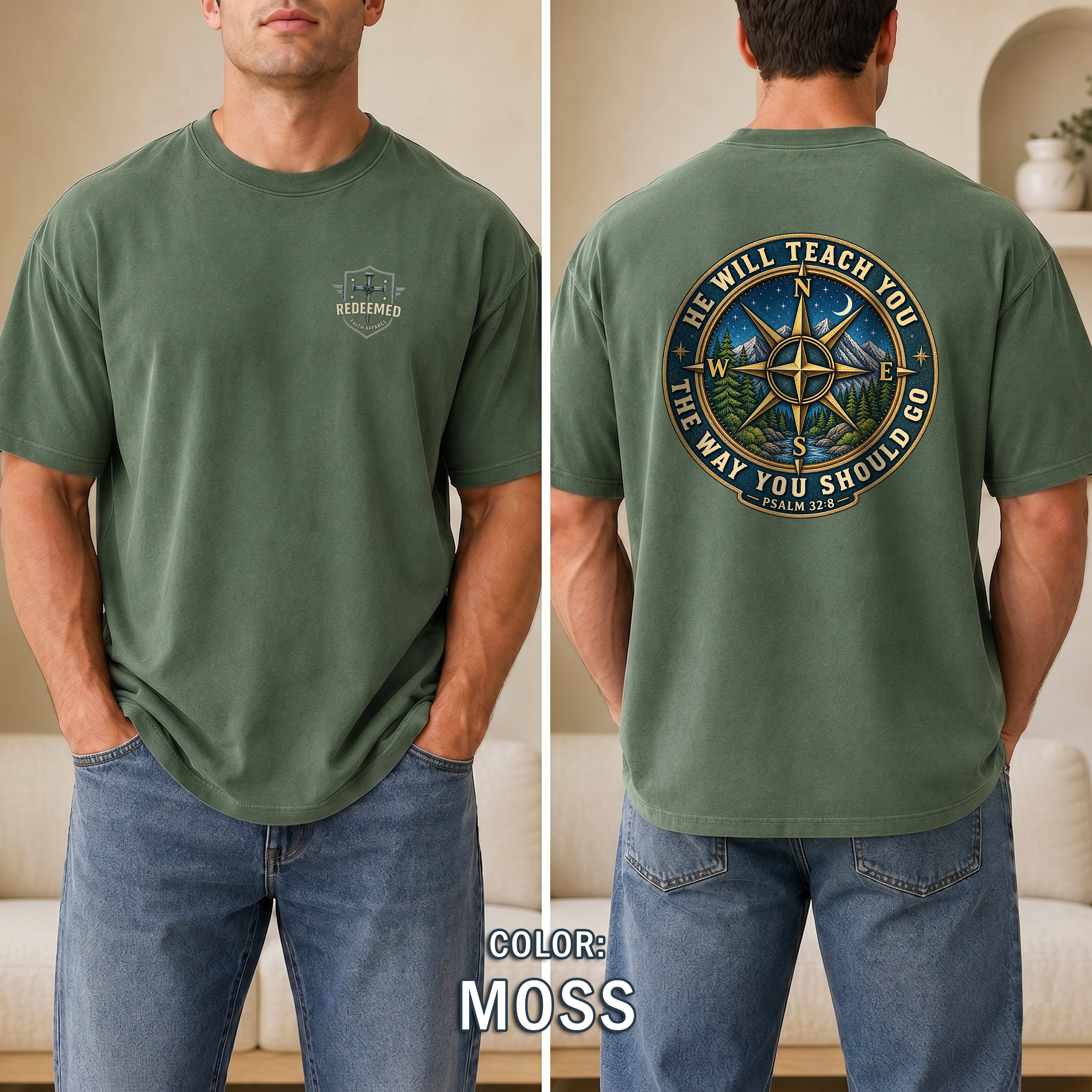 He Will Teach You the Way You Should Go Christian Shirt, Psalm 32:8 Compass Bible Verse Tee, Faith Gift, Redeemed Faith Apparel